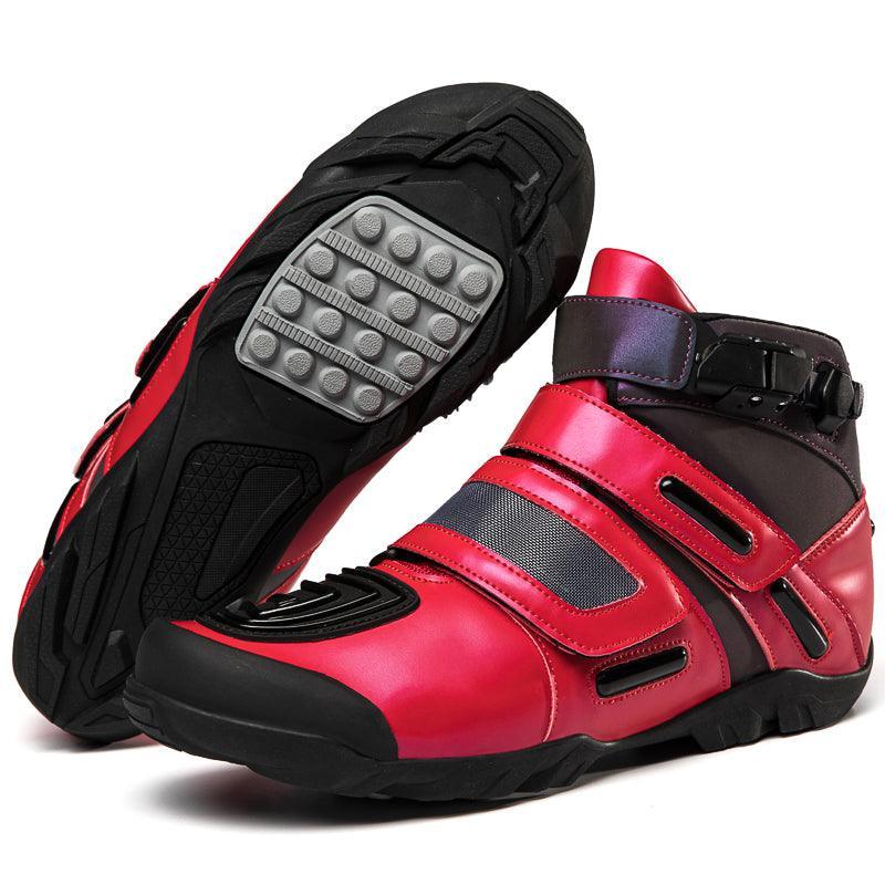 Bright neon motorcycle sneaker by Bean's Moto Booth with sturdy leather construction and stylish design for all seasons.