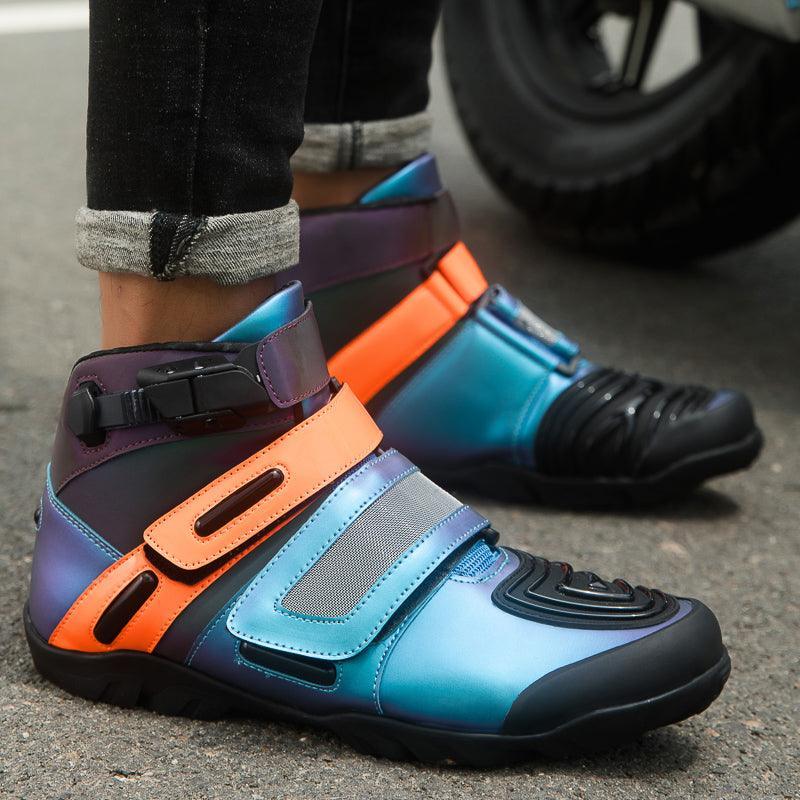 Neon motorcycle sneakers by Bean's Moto Booth, featuring vibrant colors and protective design for riding comfort and style.