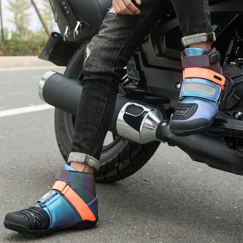 Neon motorcycle sneaker by Bean's Moto Booth, featuring vibrant colors and sturdy design, ideal for motorcycle riding and casual wear.