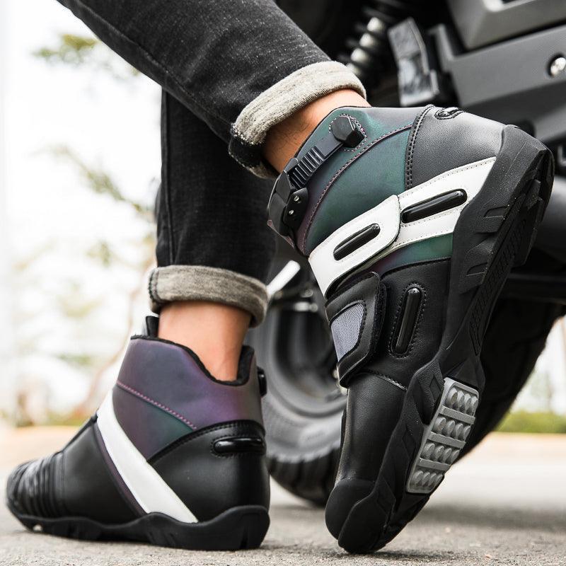 Bright neon motorcycle sneaker from 4 Seasons™ by Bean's Moto Booth, featuring rugged design and sporty style for motorcycle riding.