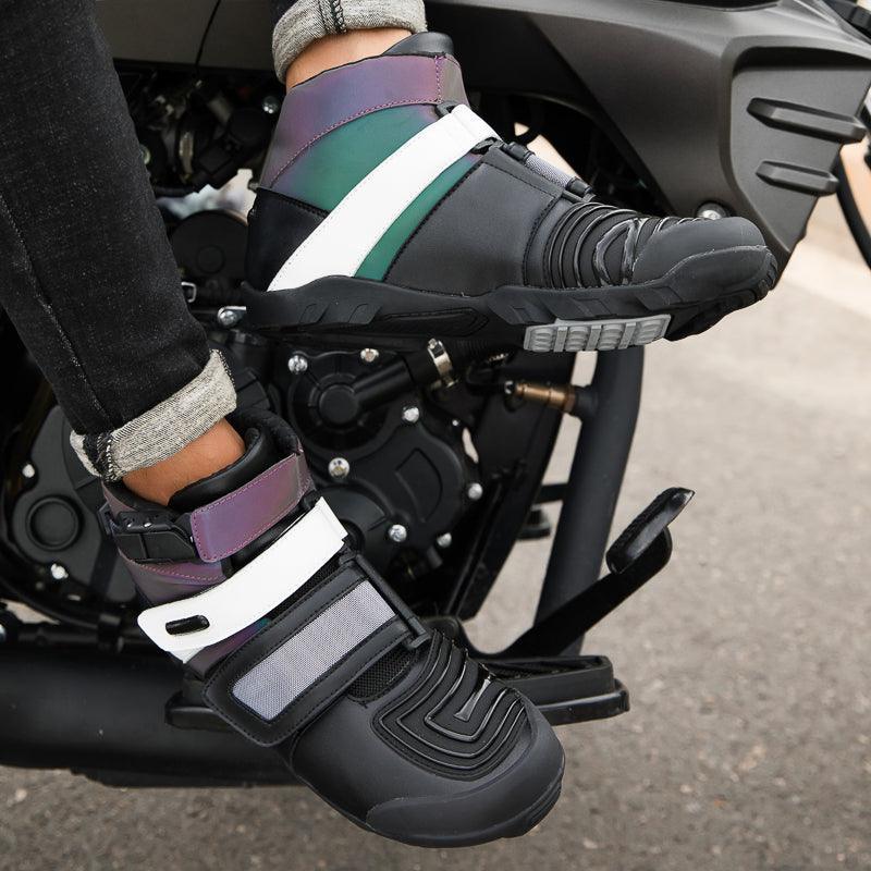 Bright neon Bean's Moto Booth 4 Seasons motorcycle sneaker with reinforced toe and ankle support, designed for riding comfort.