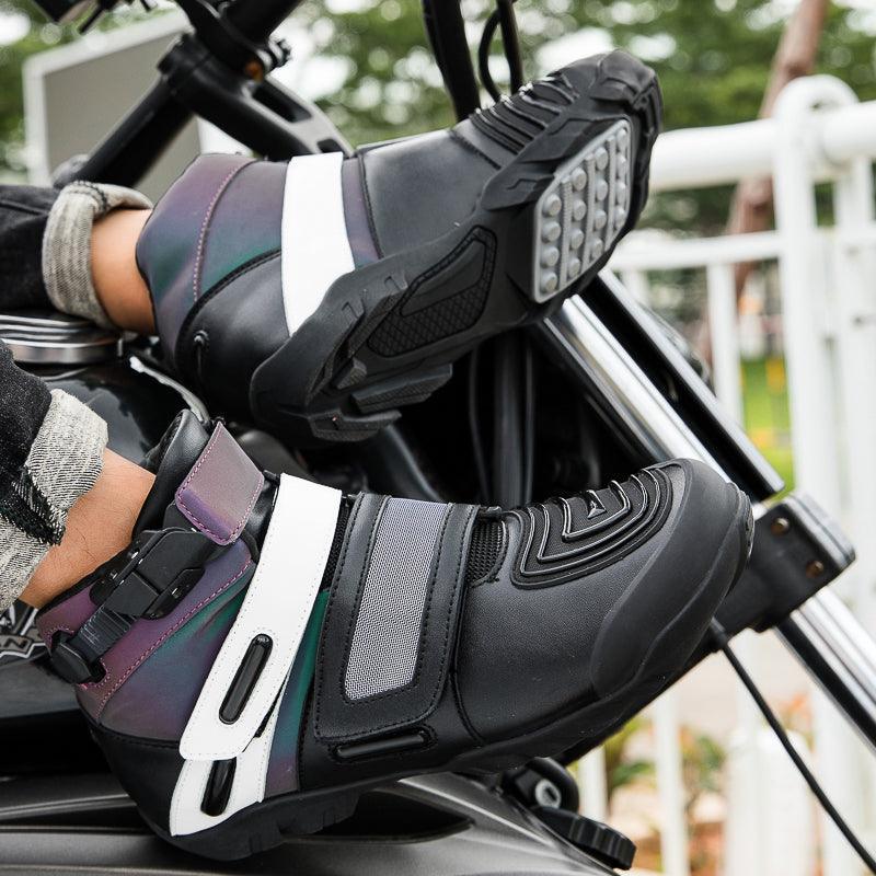 Neon motorcycle sneaker by Bean's Moto Booth, 4 Seasons™ brand, showcasing vibrant design and sturdy construction for riding comfort.