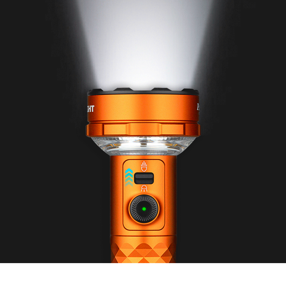 MUCITUP Olight Prowess multifunctional flashlight with bidirectional lighting, shown with tripod (sold separately), on a dark background.