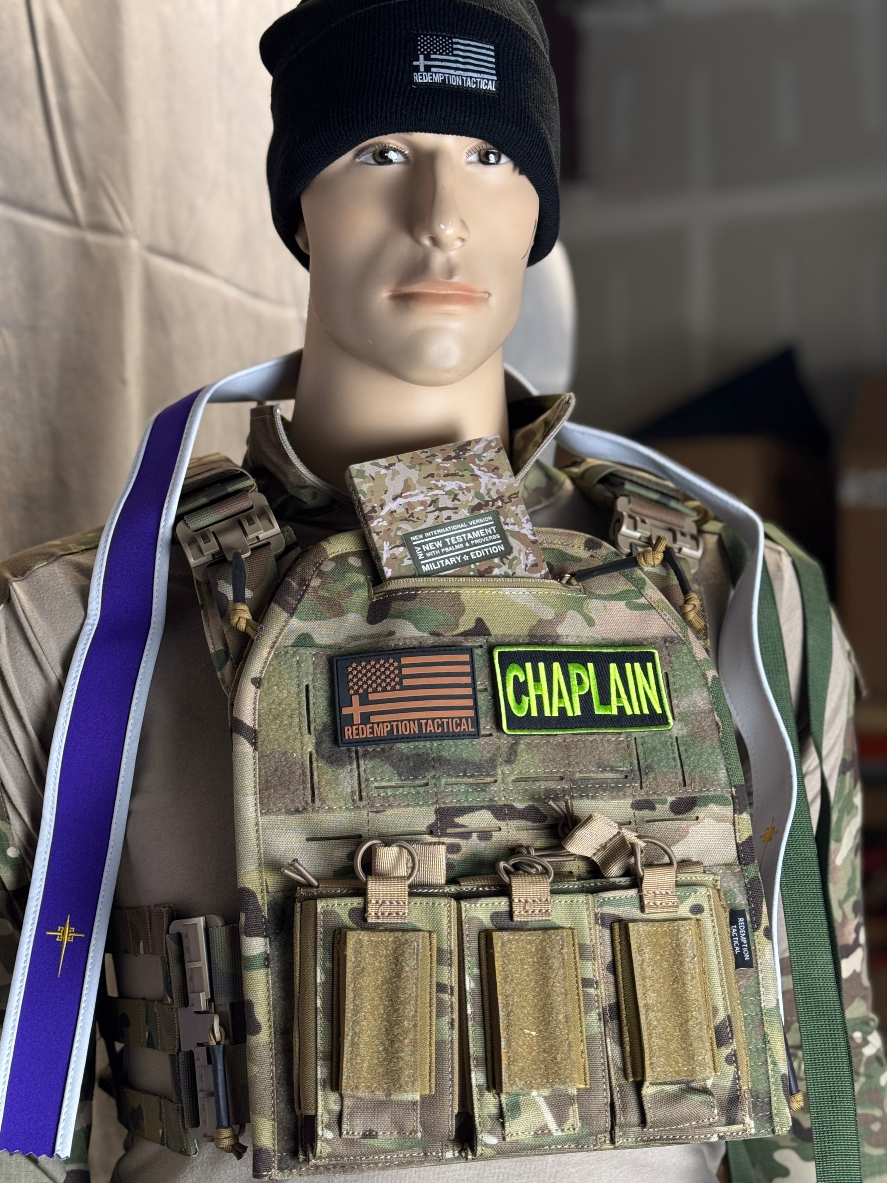 Redemption Tactical Chaplain patches in 4x10-inch and 2x4-inch sizes with hook and loop backing, displayed on a plain background.