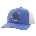 Blue and white HOOey Roughy Strap trucker cap with mesh back, adjustable strap, and branded front panel for casual headwear.
