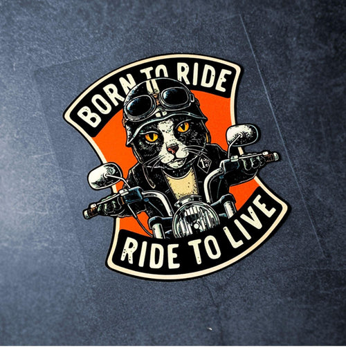 Bean's Moto Booth "BORN TO RIDE" decorative sticker featuring bold black text on a colorful background.