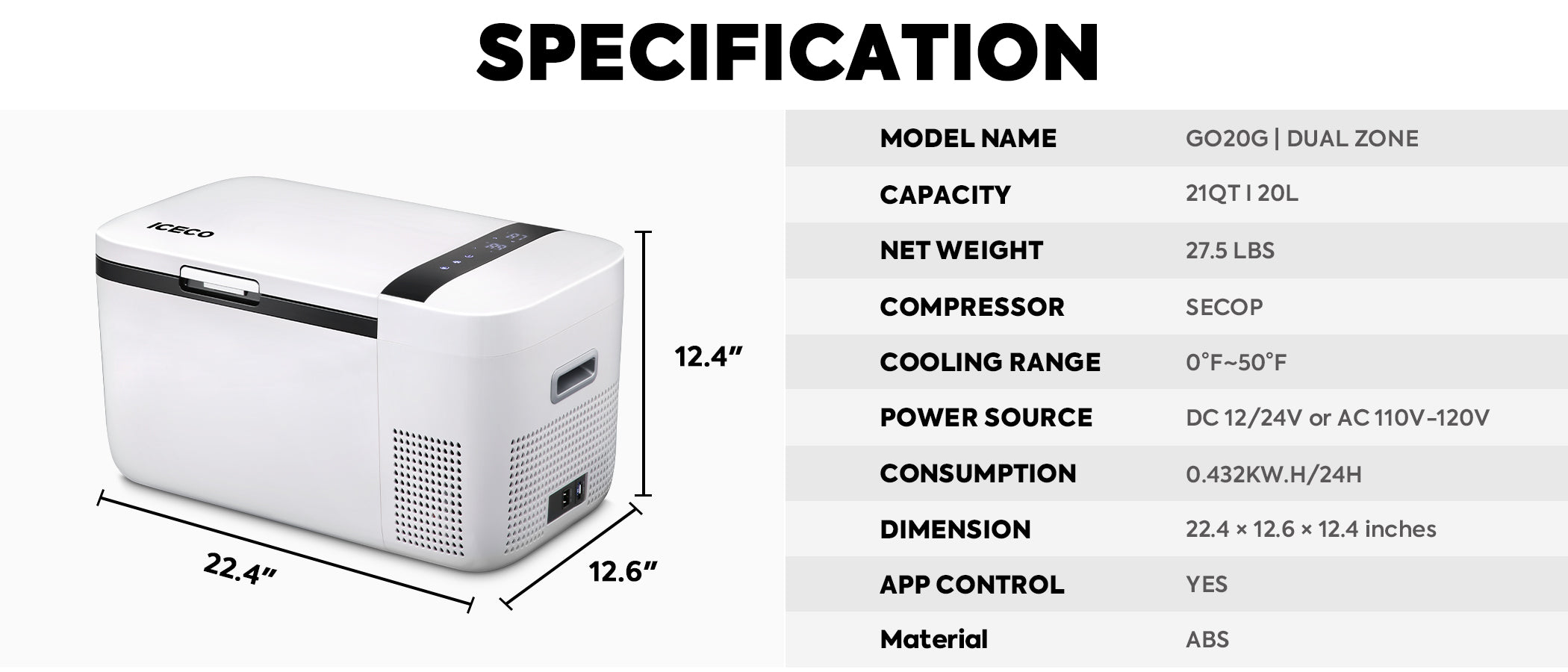 Inca Overland Outfitters GO20 Dual Zone 12V portable freezer from ICECO with 20-liter capacity, showing its compact design and control panel.
