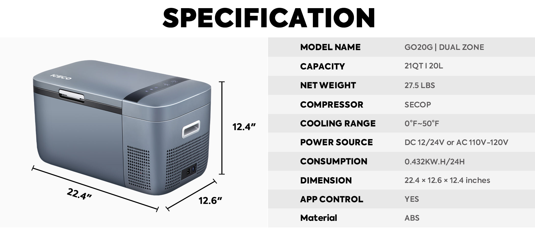 Inca Overland Outfitters GO20 Dual Zone 12V portable freezer with 20L capacity, showing digital controls and sturdy design.