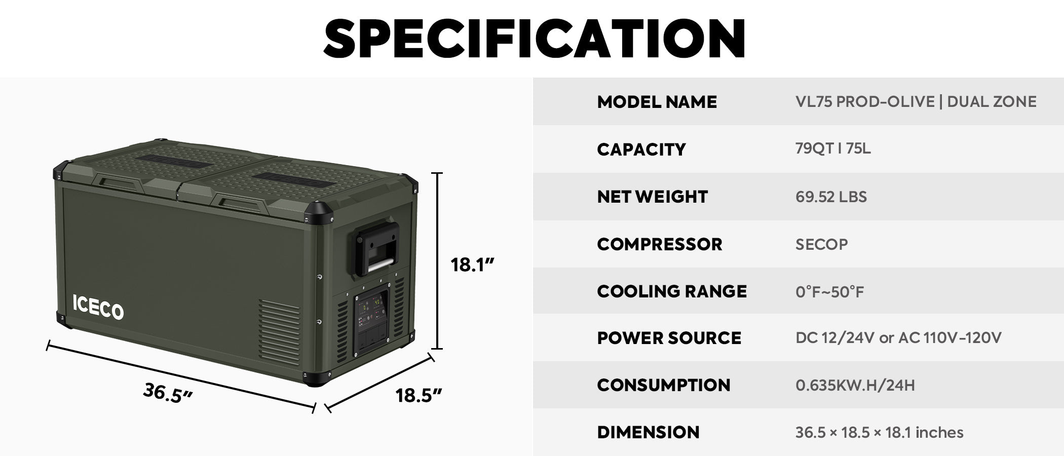 VL75ProD Olive 12V Heavy Duty Fridge Freezer | ICECO | 75 LT - We The Collective
