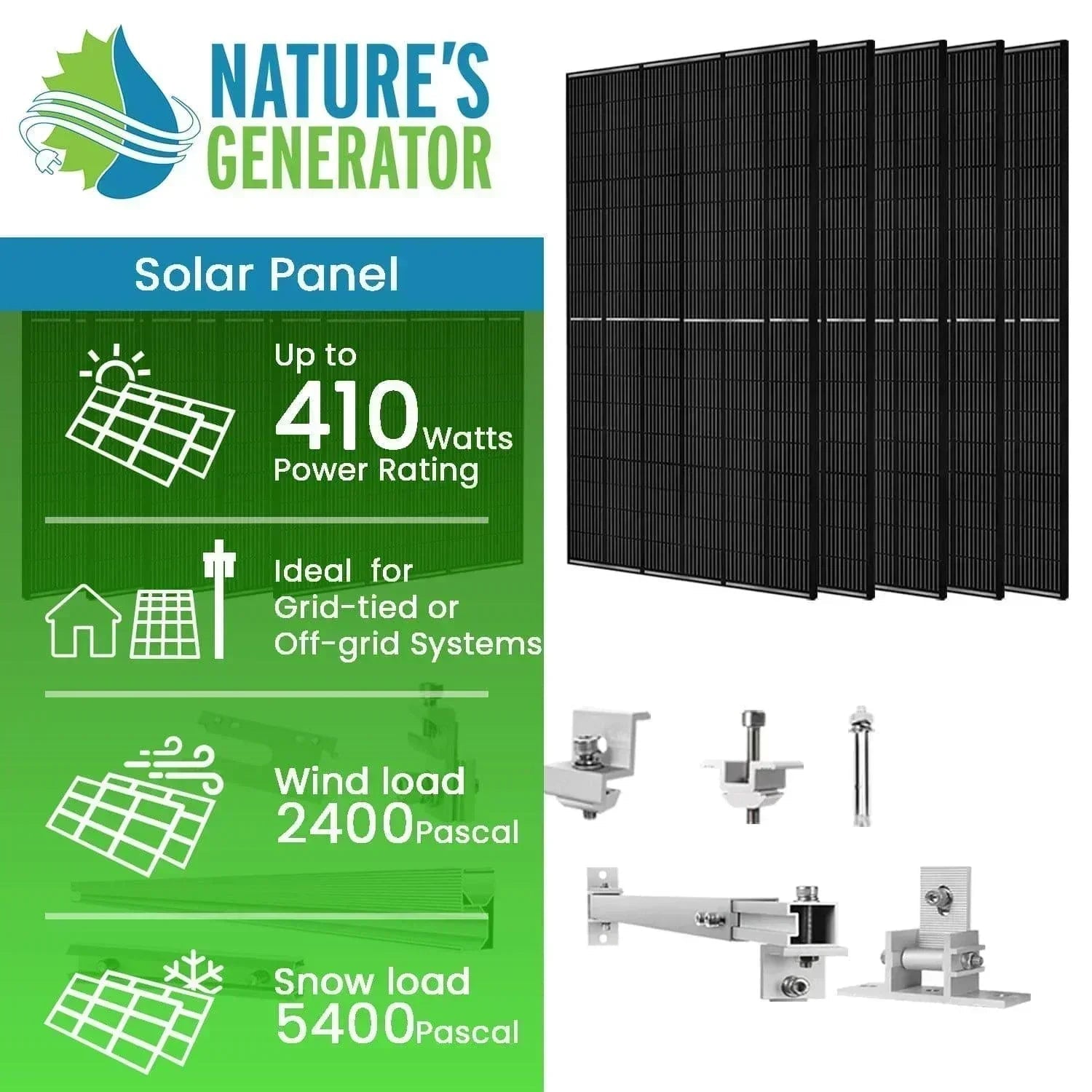 Set of ten 410-watt Green Vista Living monocrystalline solar panels with mounting rack for renewable energy installation.