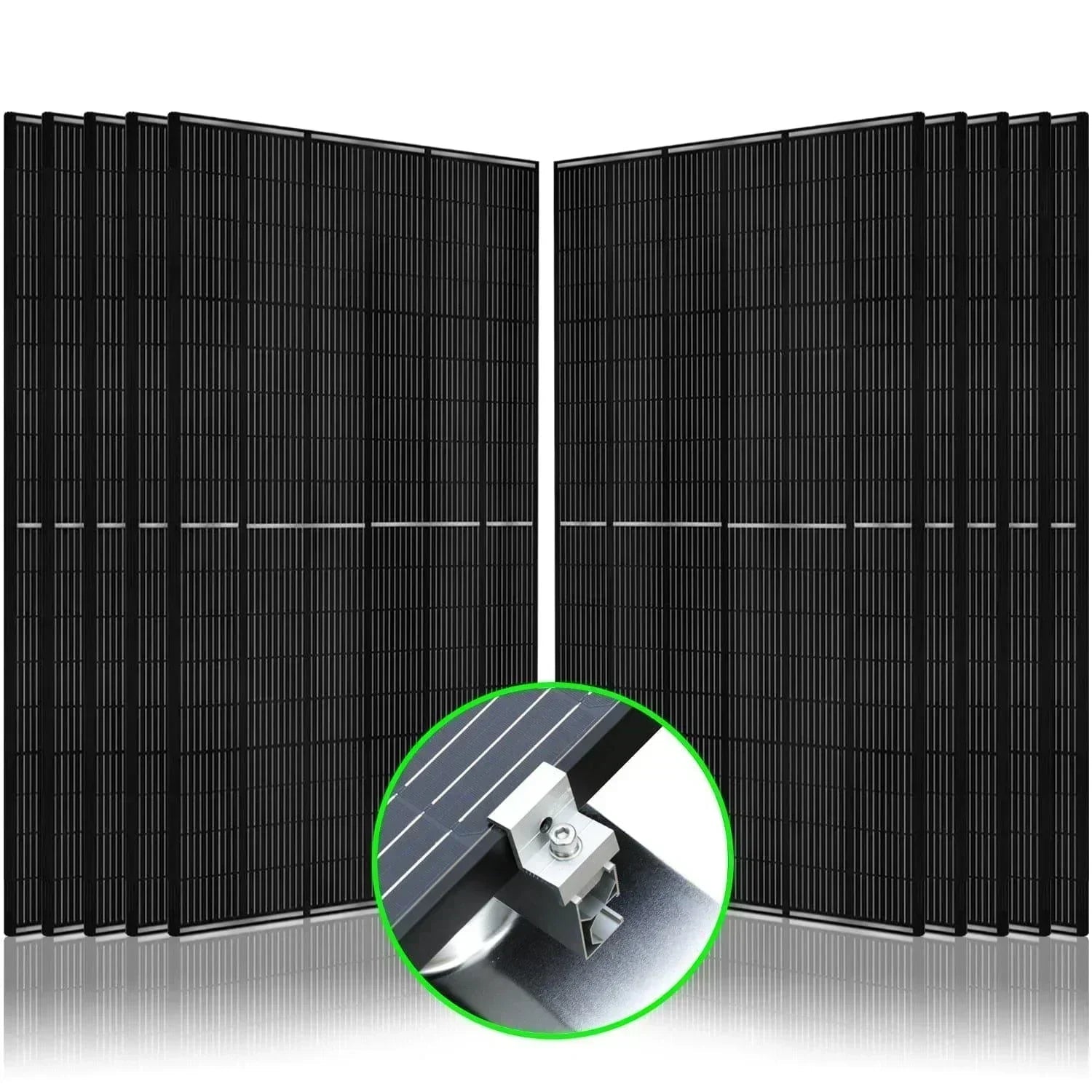 Set of 10 Green Vista Living 410W monocrystalline solar panels with mounting rack for solar energy systems.