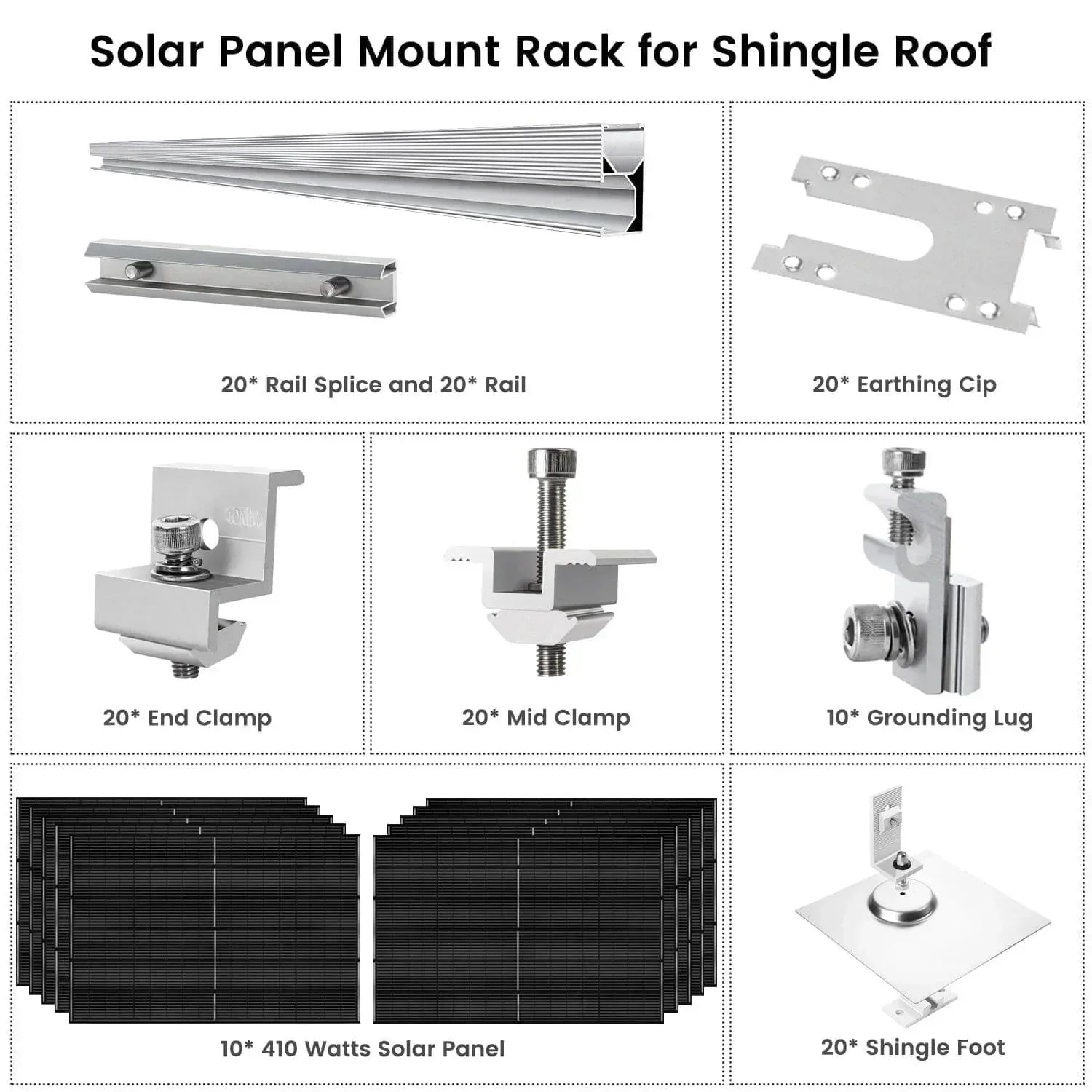 Set of ten Green Vista Living 410-Watt monocrystalline solar panels with mounting rack for renewable energy applications.