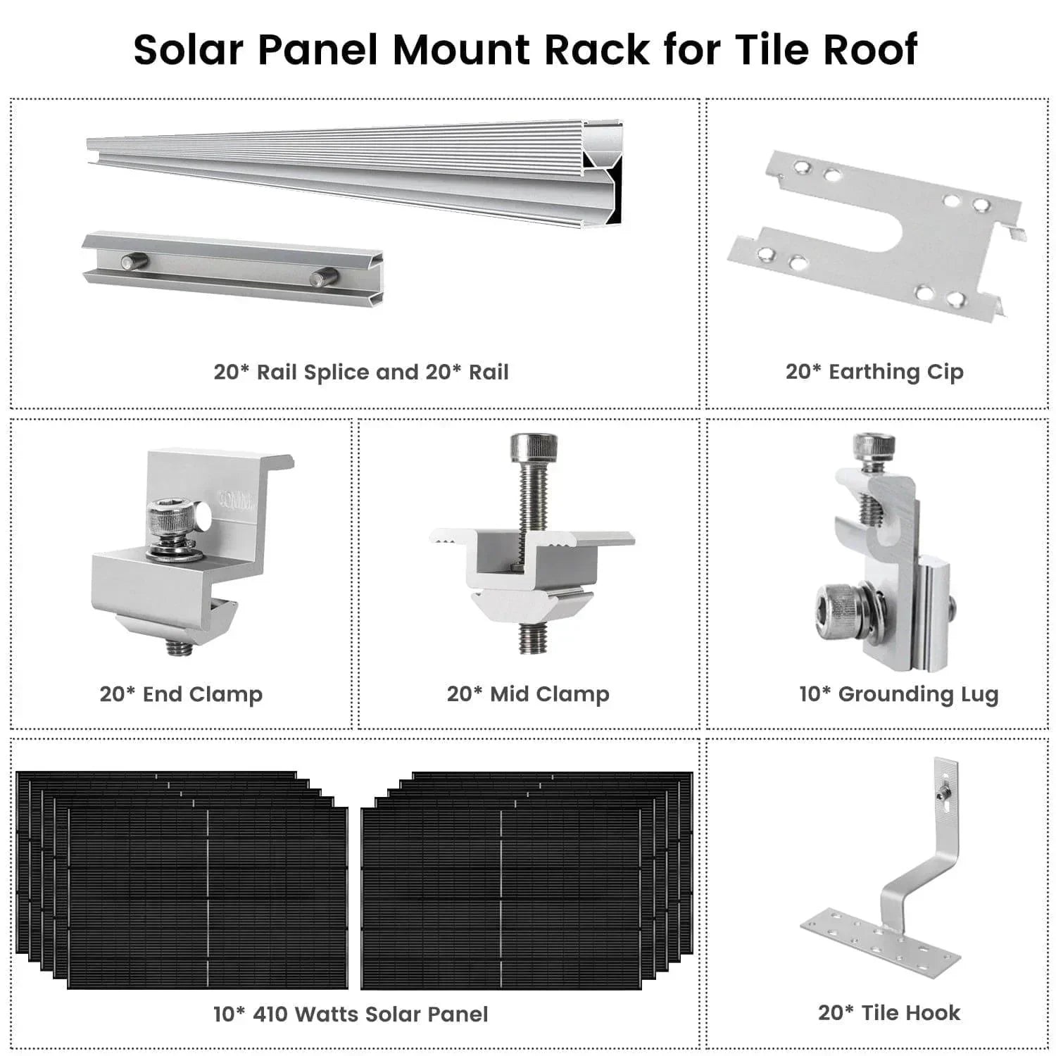 Green Vista Living 410W monocrystalline solar panel 10-pack with mounting rack, showing solar panels installed on a rack for outdoor use.