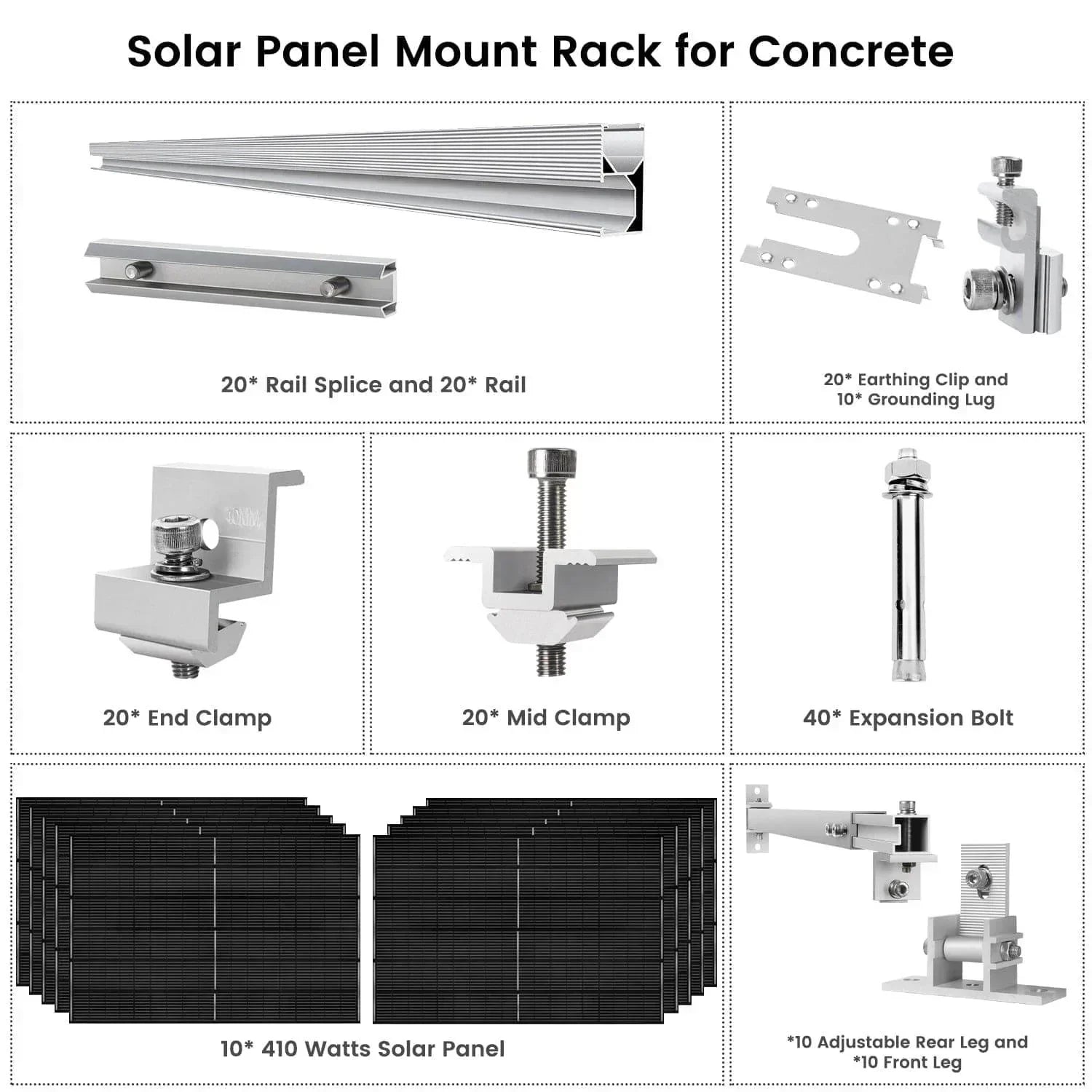 Green Vista Living 410 watt monocrystalline solar panels 10-pack with mount rack, showing panels and mounting hardware in outdoor setup.