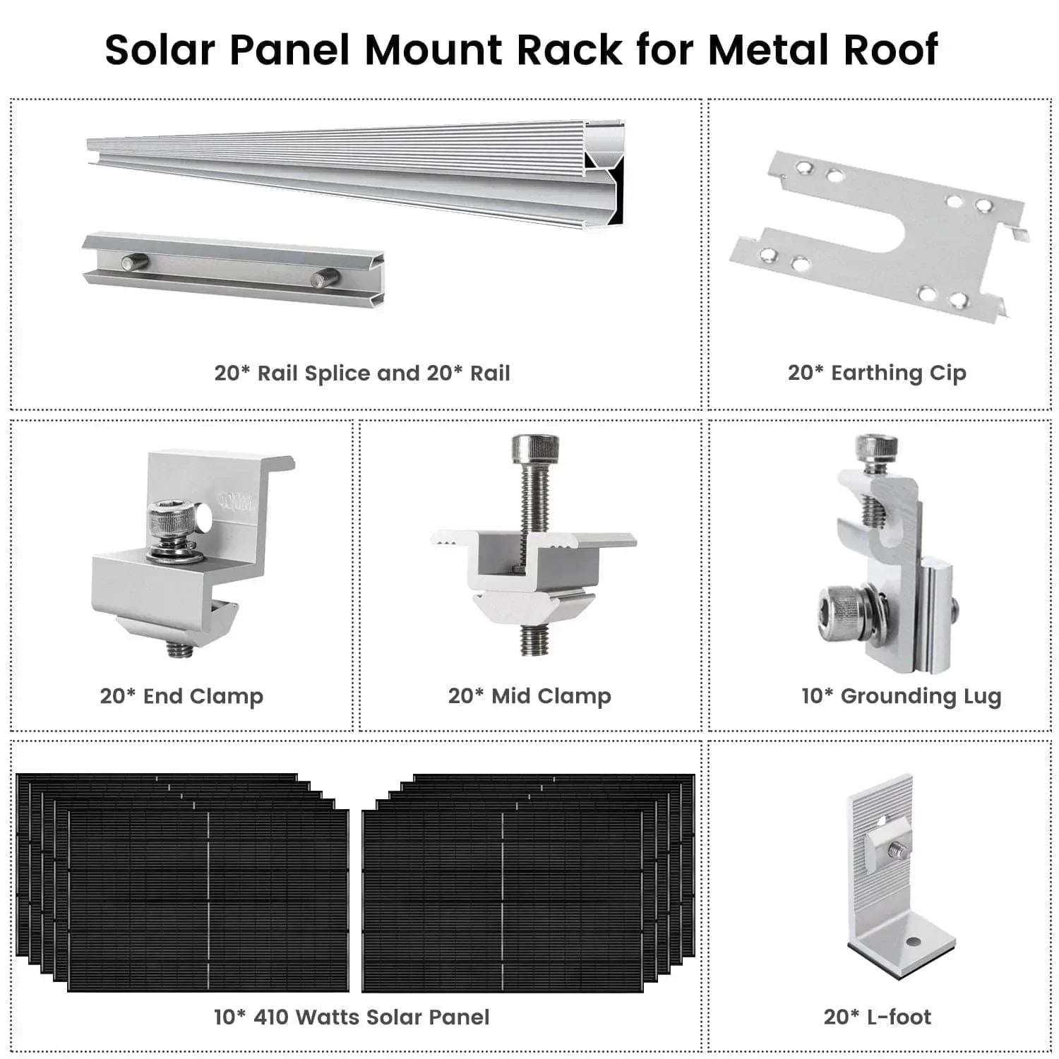 Green Vista Living 410-watt monocrystalline solar panels 10-pack with mounting rack, showcasing sleek black panels on a sturdy frame.