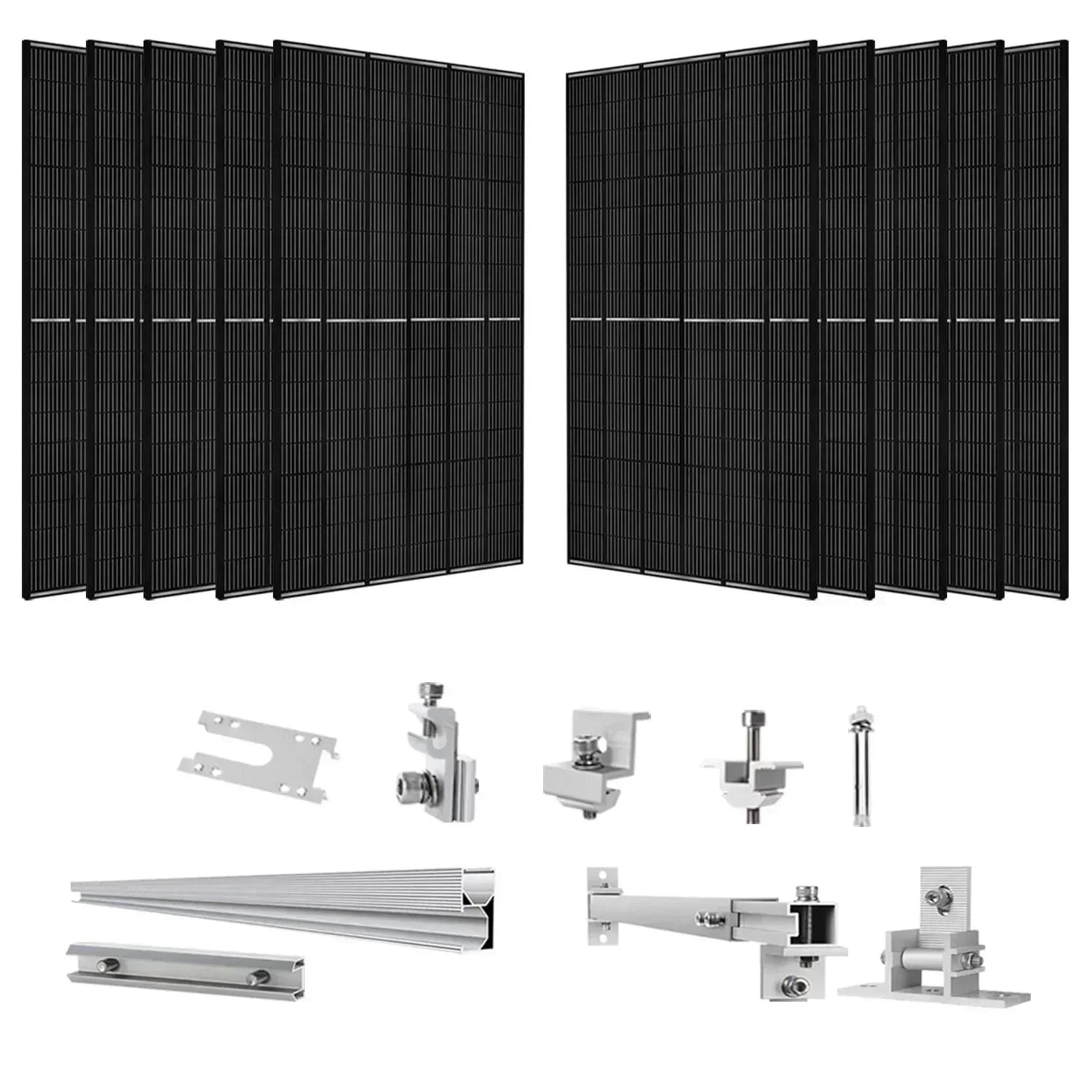 Set of ten 410-watt monocrystalline solar panels by Green Vista Living with mounting rack for solar energy systems.