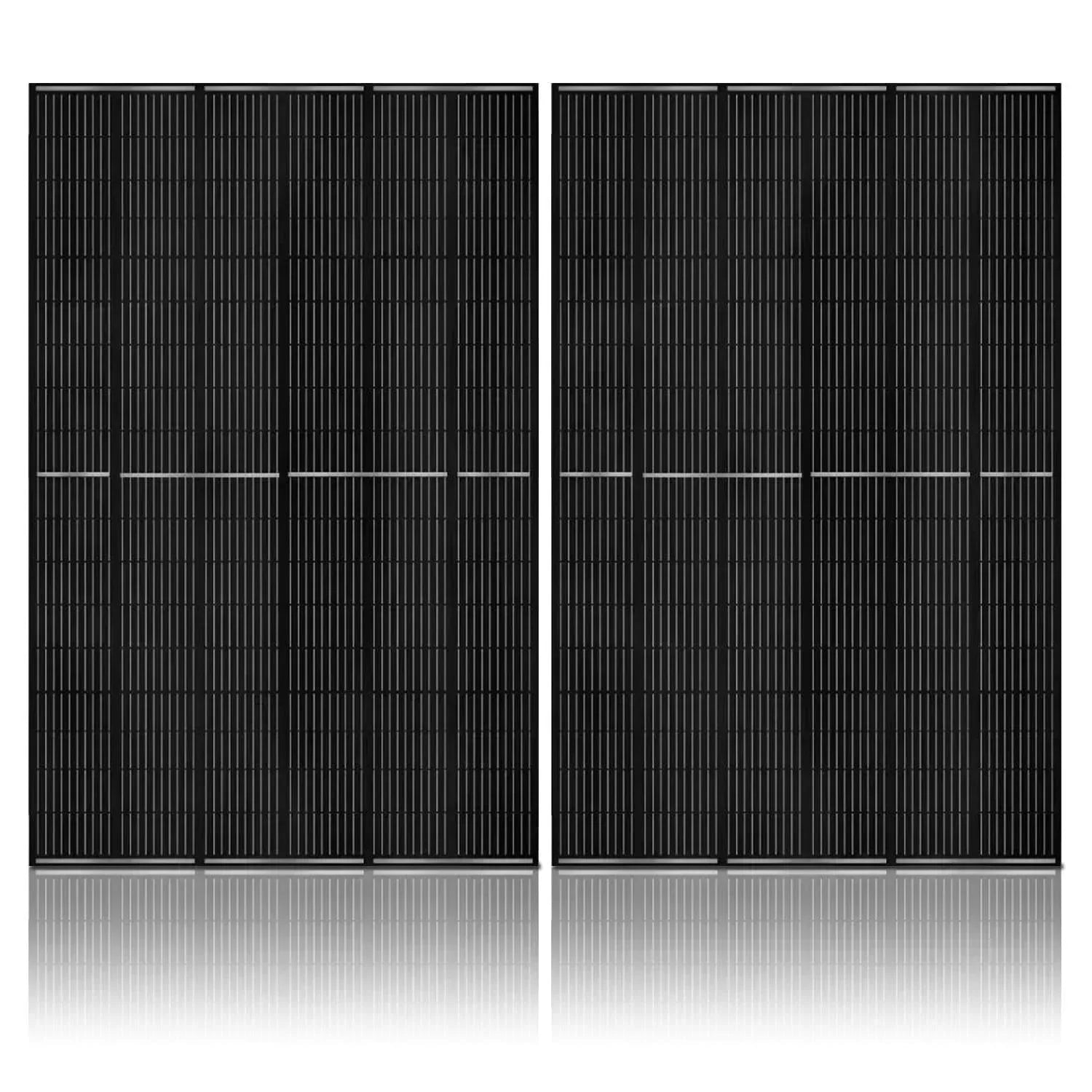Green Vista Living 410-Watt Monocrystalline Solar Panel 2-Pack, outdoor panels with black frames and glass surface for solar energy.
