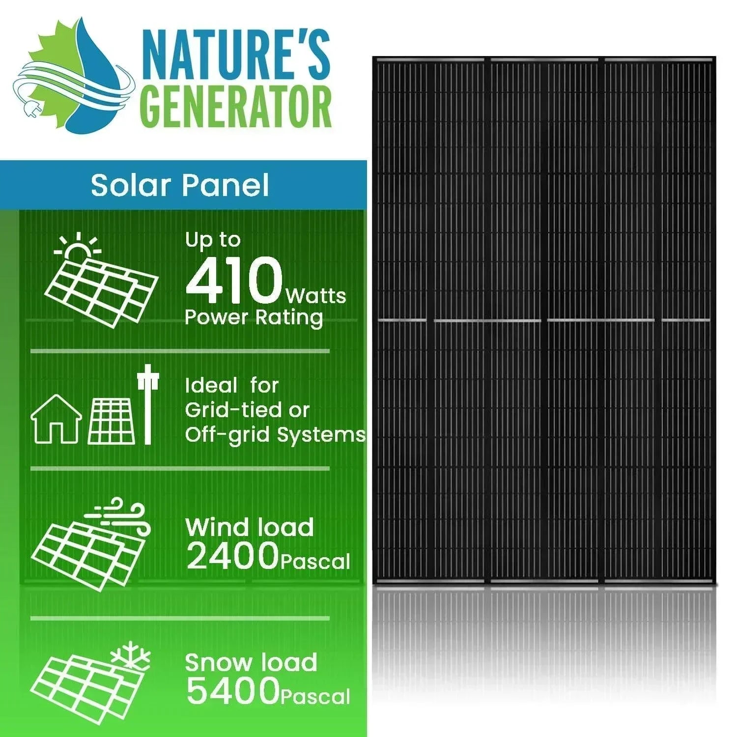 Green Vista Living 410W monocrystalline solar panels, 2-pack, showing rectangular panels with black cells and aluminum framing.