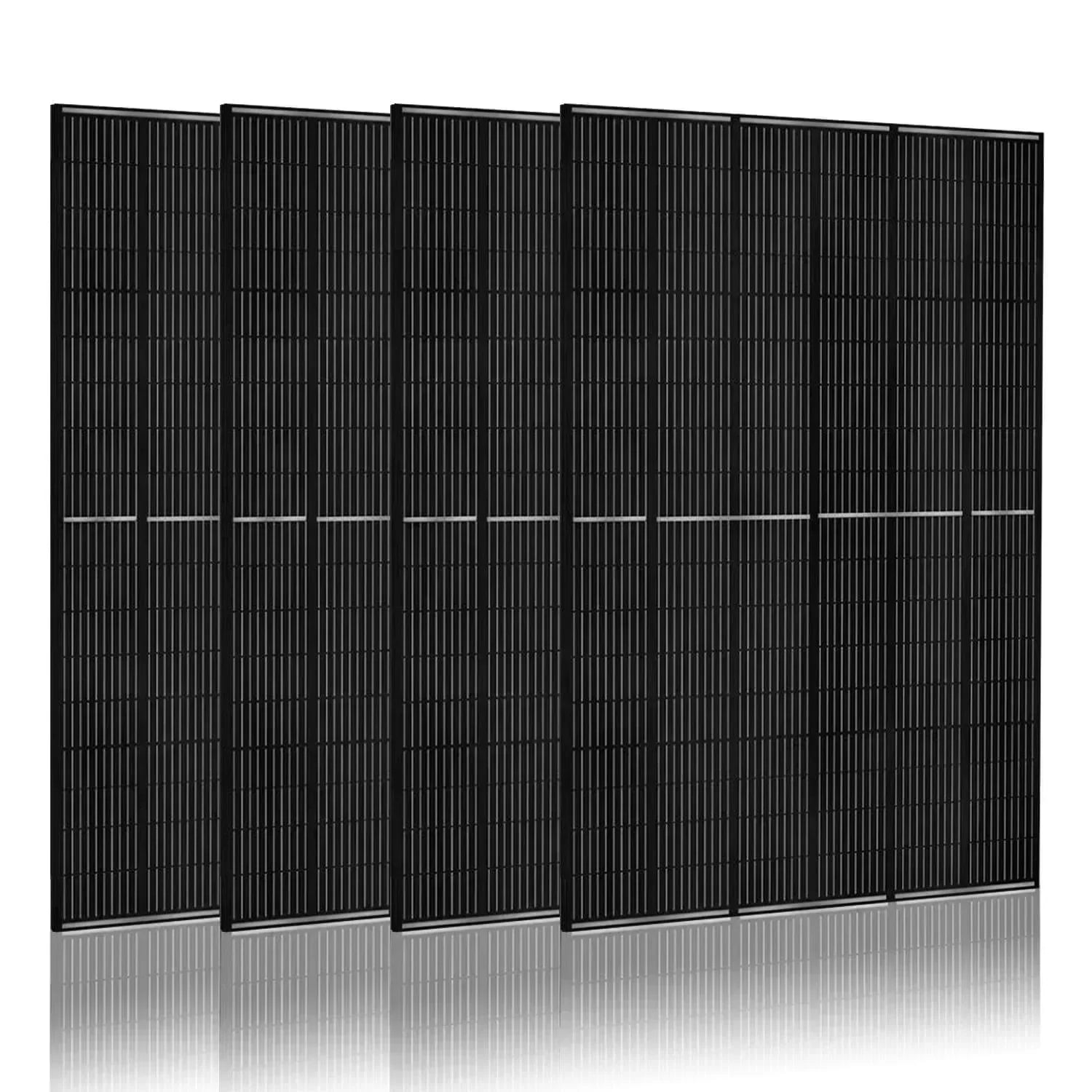 Set of four Green Vista Living 410-watt monocrystalline solar panels for renewable energy and solar power systems.