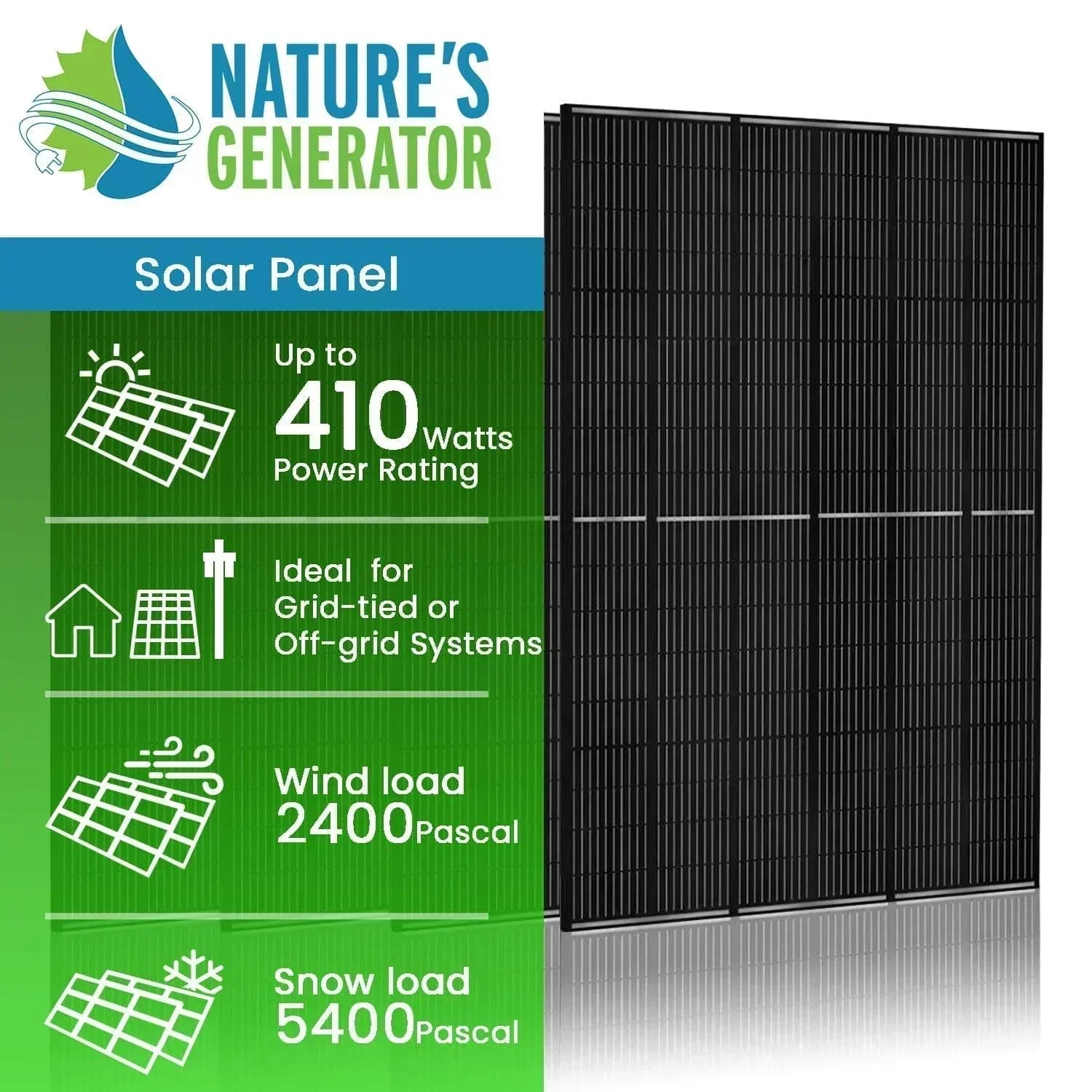 Set of four 410-watt Green Vista Living monocrystalline solar panels for renewable energy and solar power systems.
