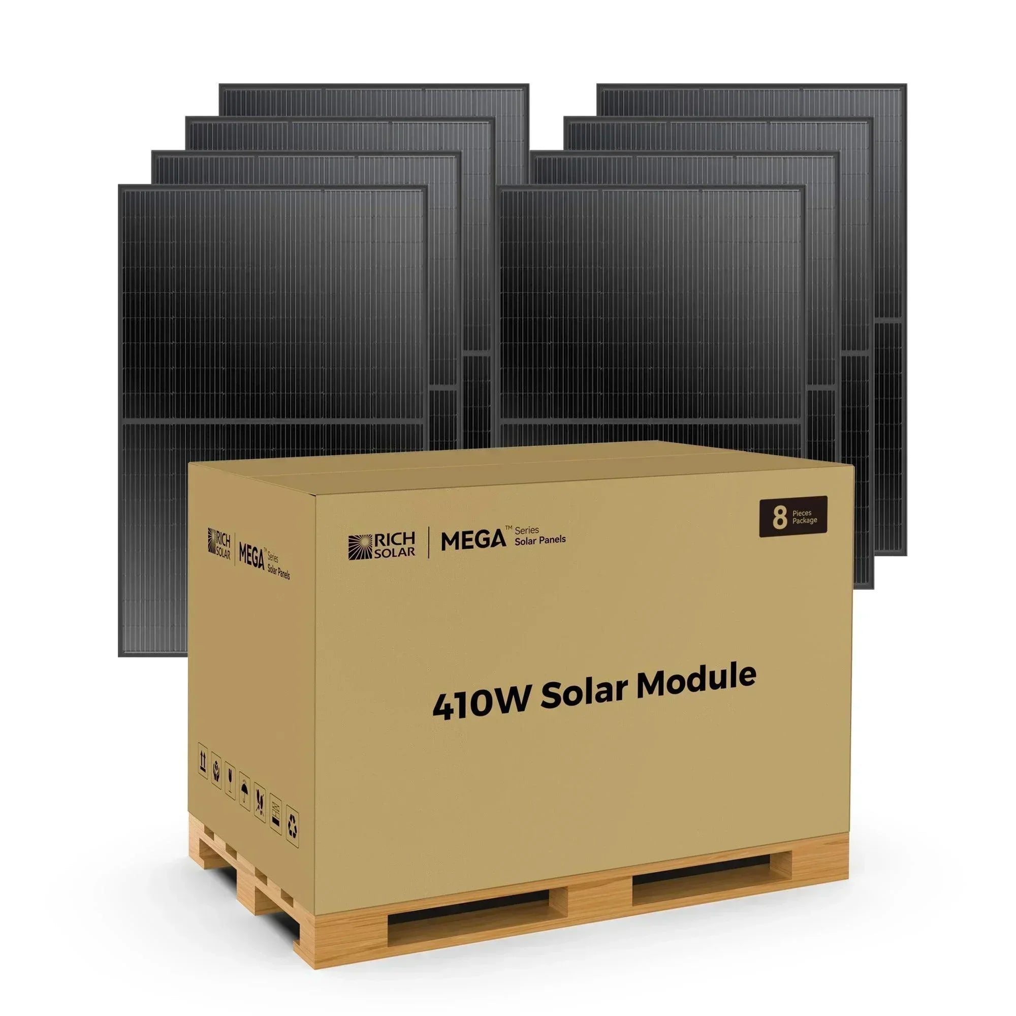 Green Vista Living 410W solar panel with 8 cells, suitable for residential, commercial, or agricultural solar energy systems.