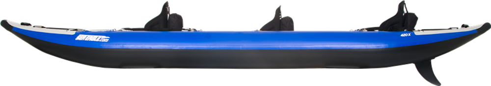 Backcountry Sportsman 420x Explorer inflatable kayak in blue, fully inflated with paddles, ready for outdoor adventure.