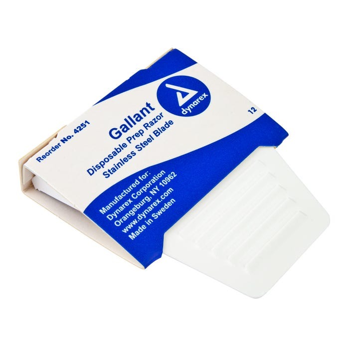 Disposable prep razors in a box of 50, hygiene grooming tools from QuakeKits, with stainless steel blades and white plastic handles.