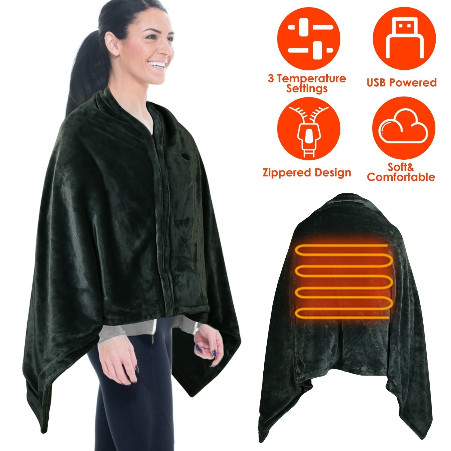 USB Heated Blanket Electric Heated Blanket Heated Poncho Shawl Wrap Throw with Zipper Washable for Home Office 59*31in - OVERLANDERS Outfitter