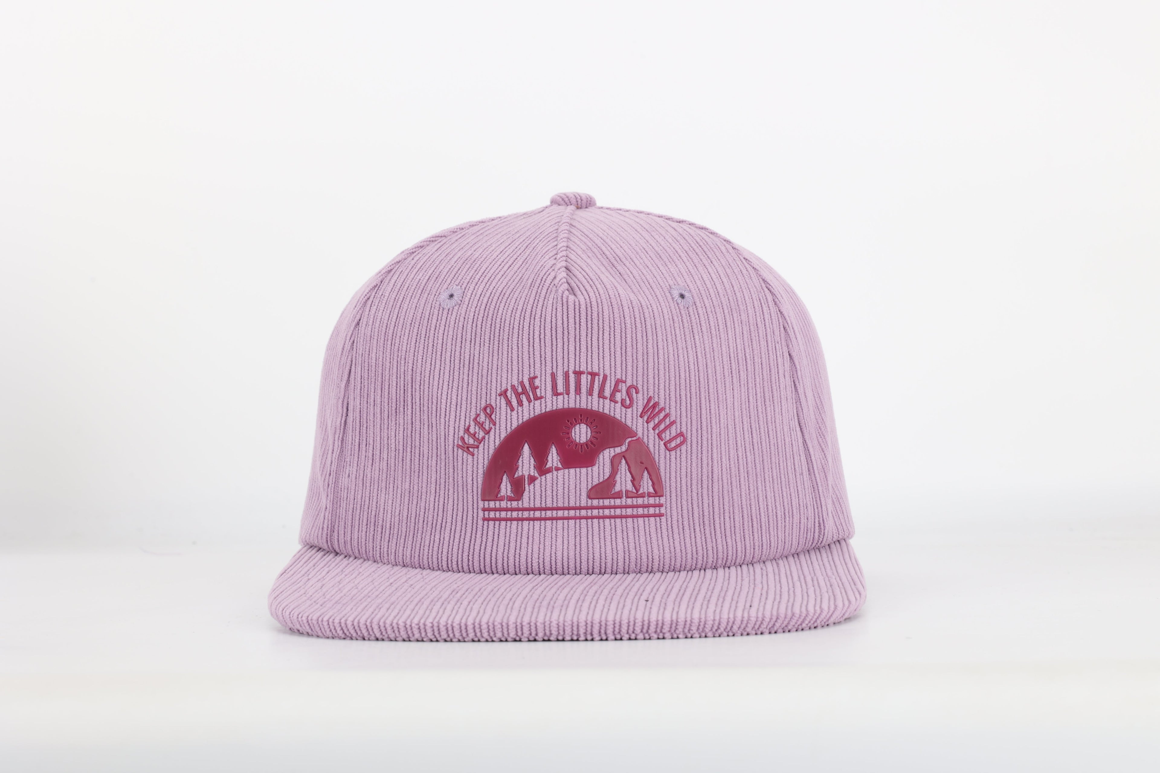 Purple corduroy SnapBack hat for toddlers and youth by Keep the Littles Wild, showing the front view with adjustable strap