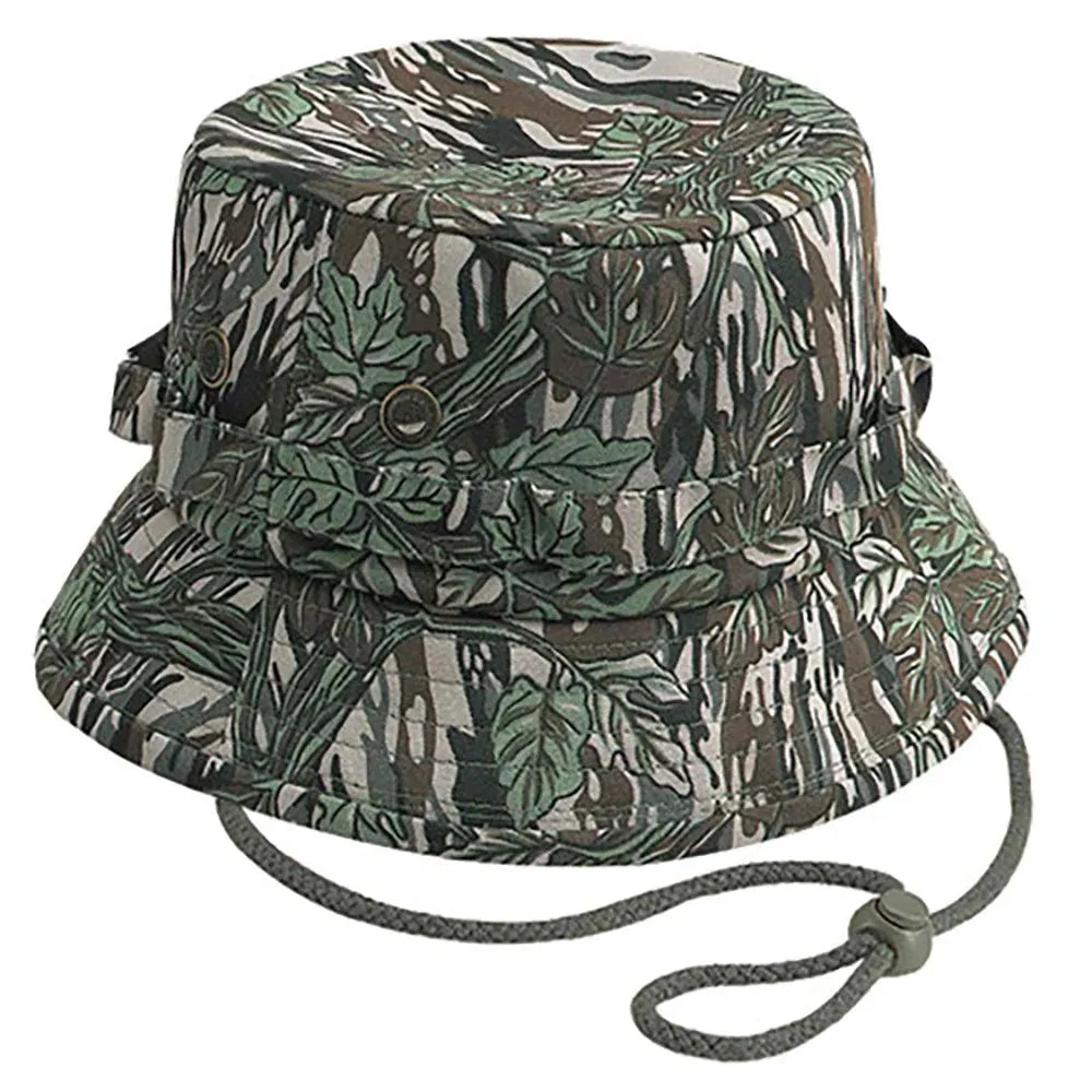 Camouflage bucket hat from HatCountry, lightweight headwear with a wide brim and camouflage pattern for outdoor use.