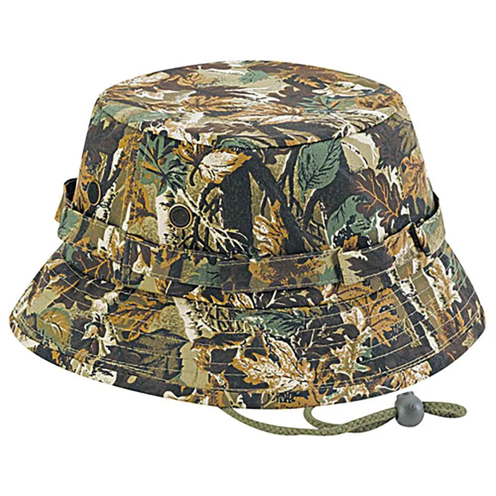 Camouflage bucket hat from HatCountry, featuring a wide brim and adjustable strap, ideal for outdoor headwear.