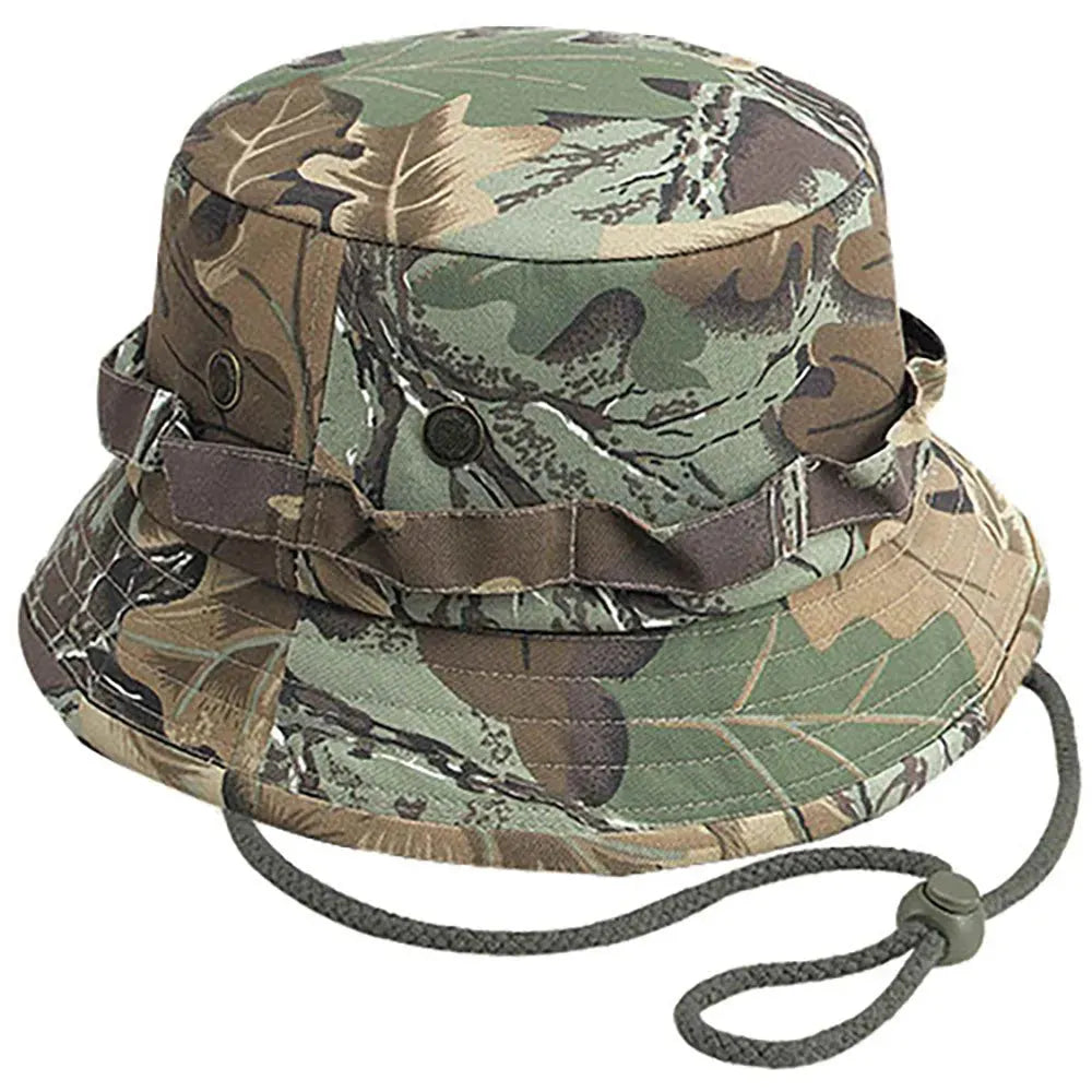 Camouflage bucket hat from HatCountry, lightweight headwear with a wide brim and camo pattern for outdoor protection and style.