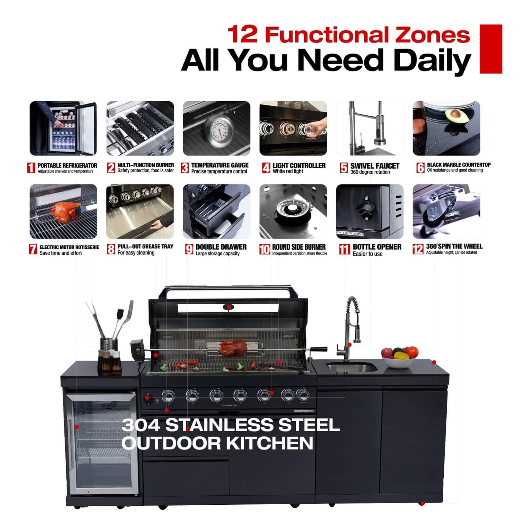 Castelle Flame 43-Inch 6-Burner 85K BTU Stainless Steel Outdoor BBQ Kitchen Island Grill With Wine Cooler, Rotisserie, And Sink (SAK19476) - We The Collective