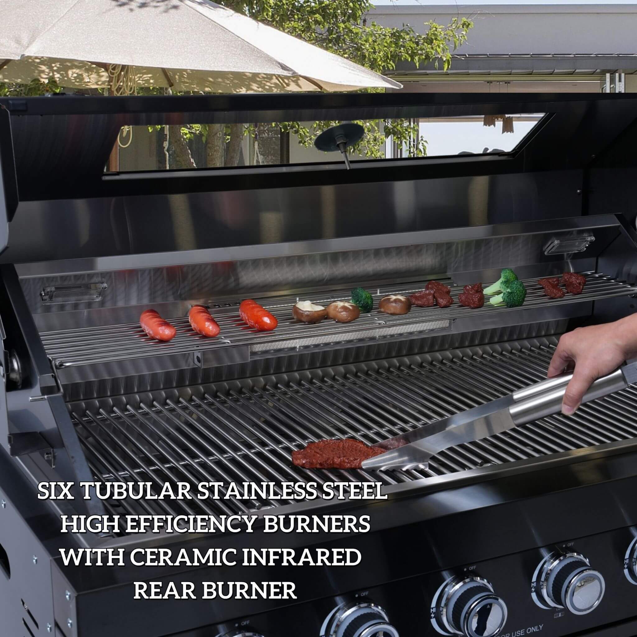 Castelle Flame 43-Inch 6-Burner 85K BTU Stainless Steel Outdoor BBQ Kitchen Island Grill With Wine Cooler, Rotisserie, And Sink (SAK19476) - We The Collective