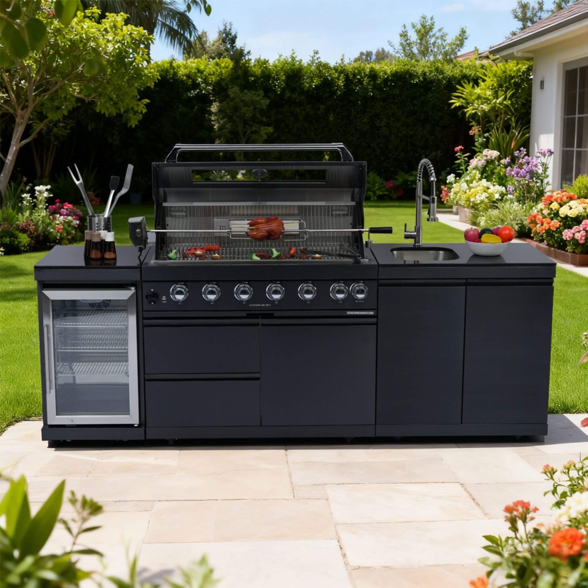 Castelle Flame 43-Inch 6-Burner 85K BTU Stainless Steel Outdoor BBQ Kitchen Island Grill With Wine Cooler, Rotisserie, And Sink (SAK19476) - We The Collective