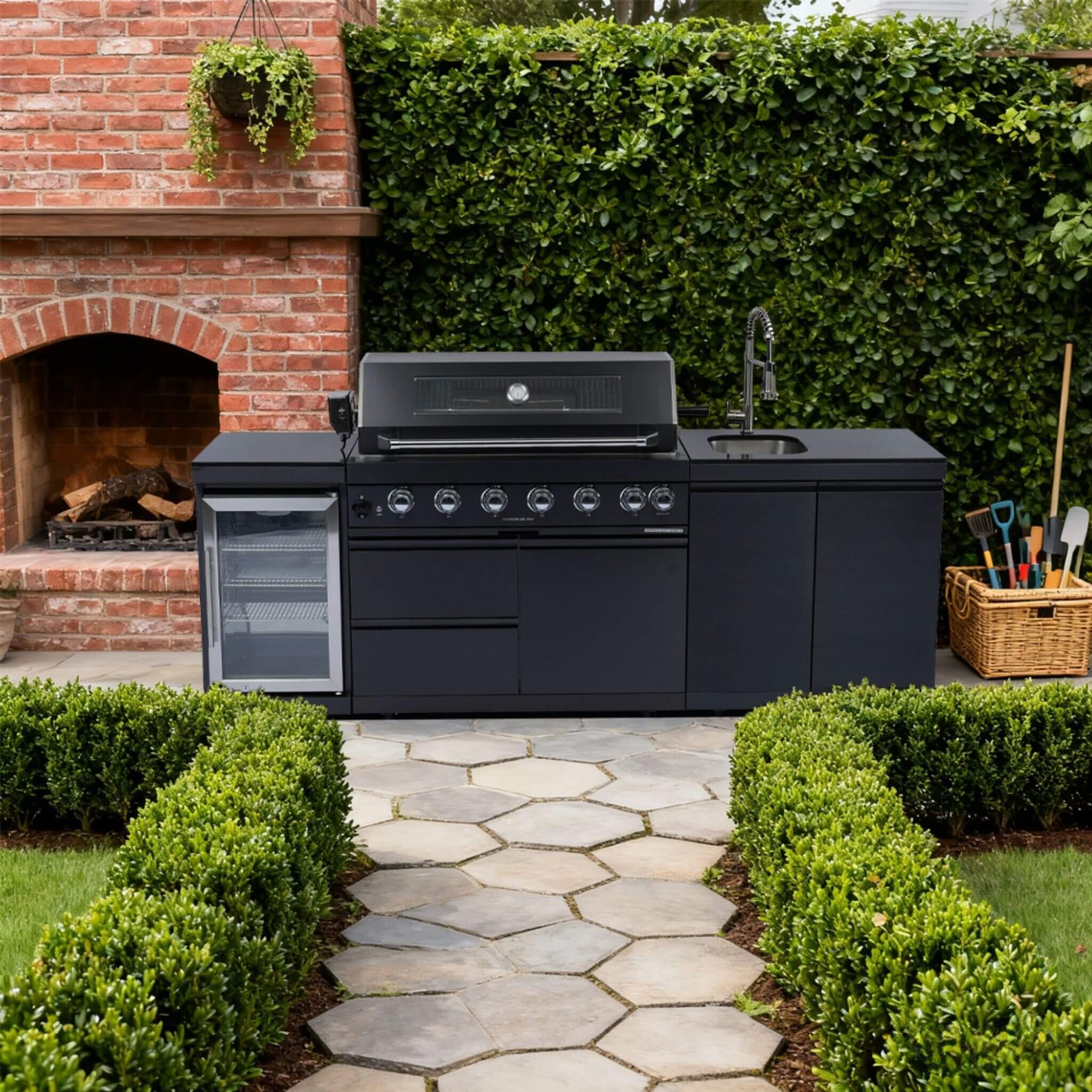 Castelle Flame 43-Inch 6-Burner 85K BTU Stainless Steel Outdoor BBQ Kitchen Island Grill With Wine Cooler, Rotisserie, And Sink (SAK19476) - We The Collective