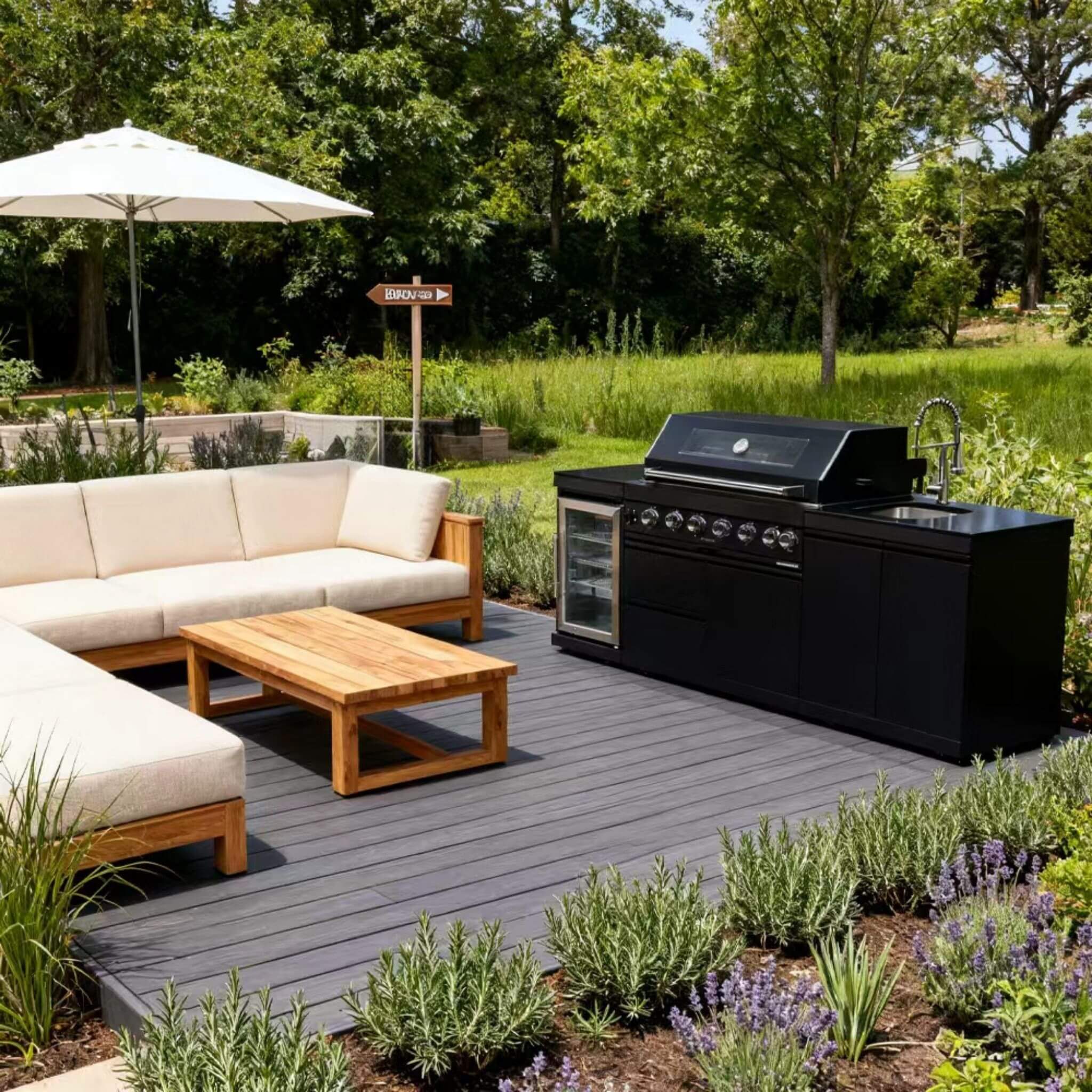 Castelle Flame 43-Inch 6-Burner 85K BTU Stainless Steel Outdoor BBQ Kitchen Island Grill With Wine Cooler, Rotisserie, And Sink (SAK19476) - We The Collective