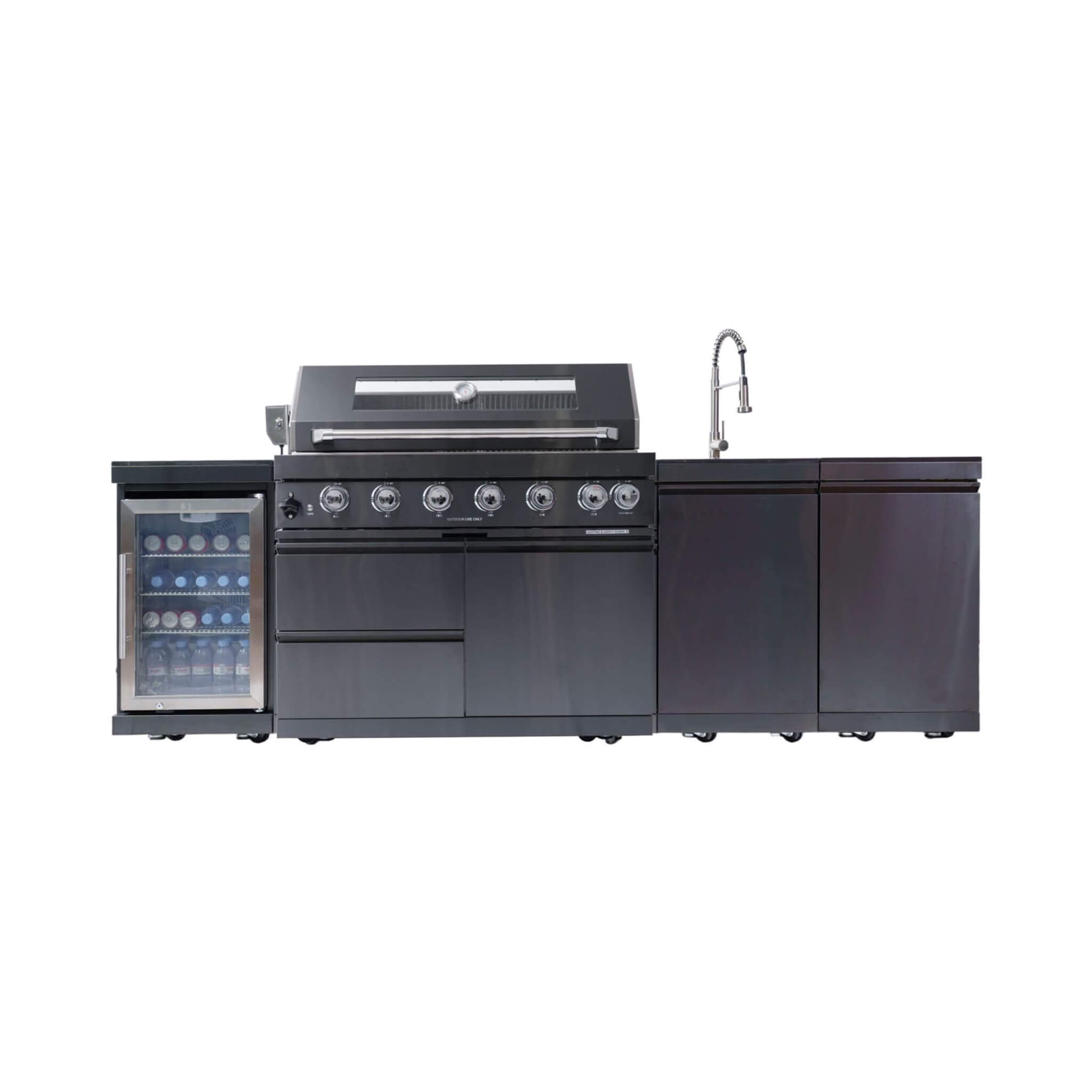Castelle Flame 43-Inch 6-Burner 85K BTU Stainless Steel Outdoor BBQ Kitchen Island Grill With Wine Cooler, Rotisserie, And Sink (SAK19476) - We The Collective