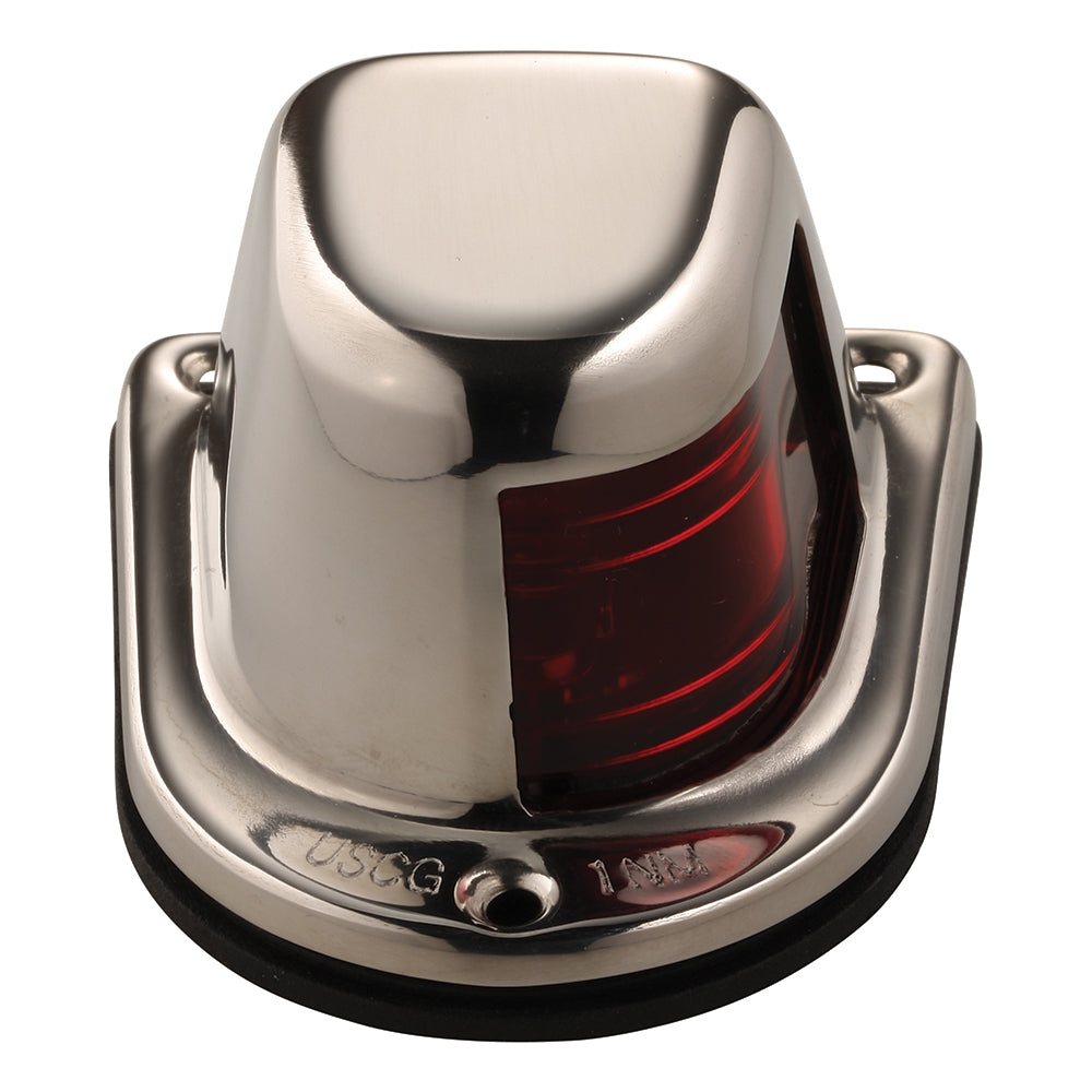 Attwood 1-Mile Red Sidelight navigation light with stainless steel housing, 12V deck mount for boat use.