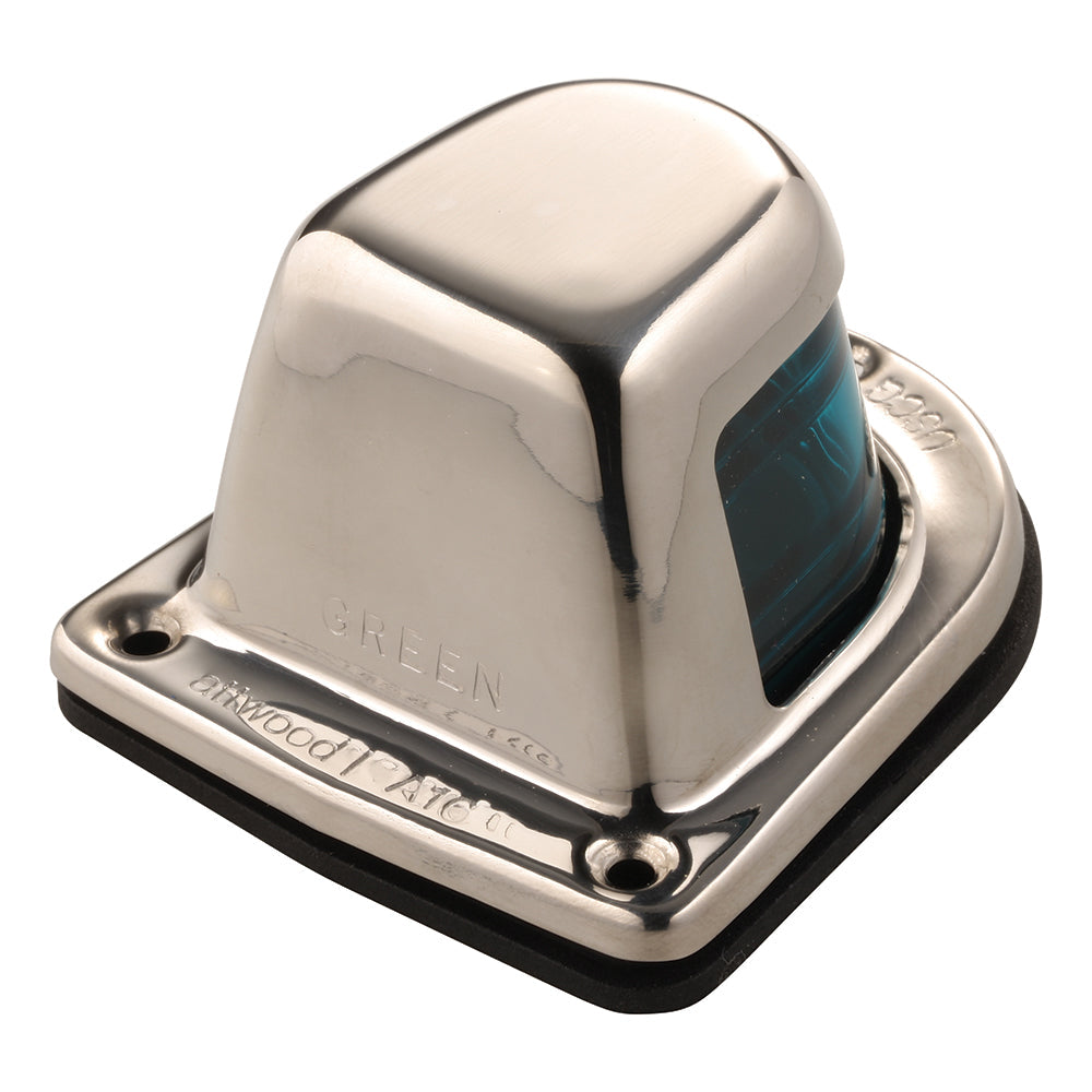 Attwood 1-Mile Green Sidelight navigation light with stainless steel housing, 12V deck mount for boats.