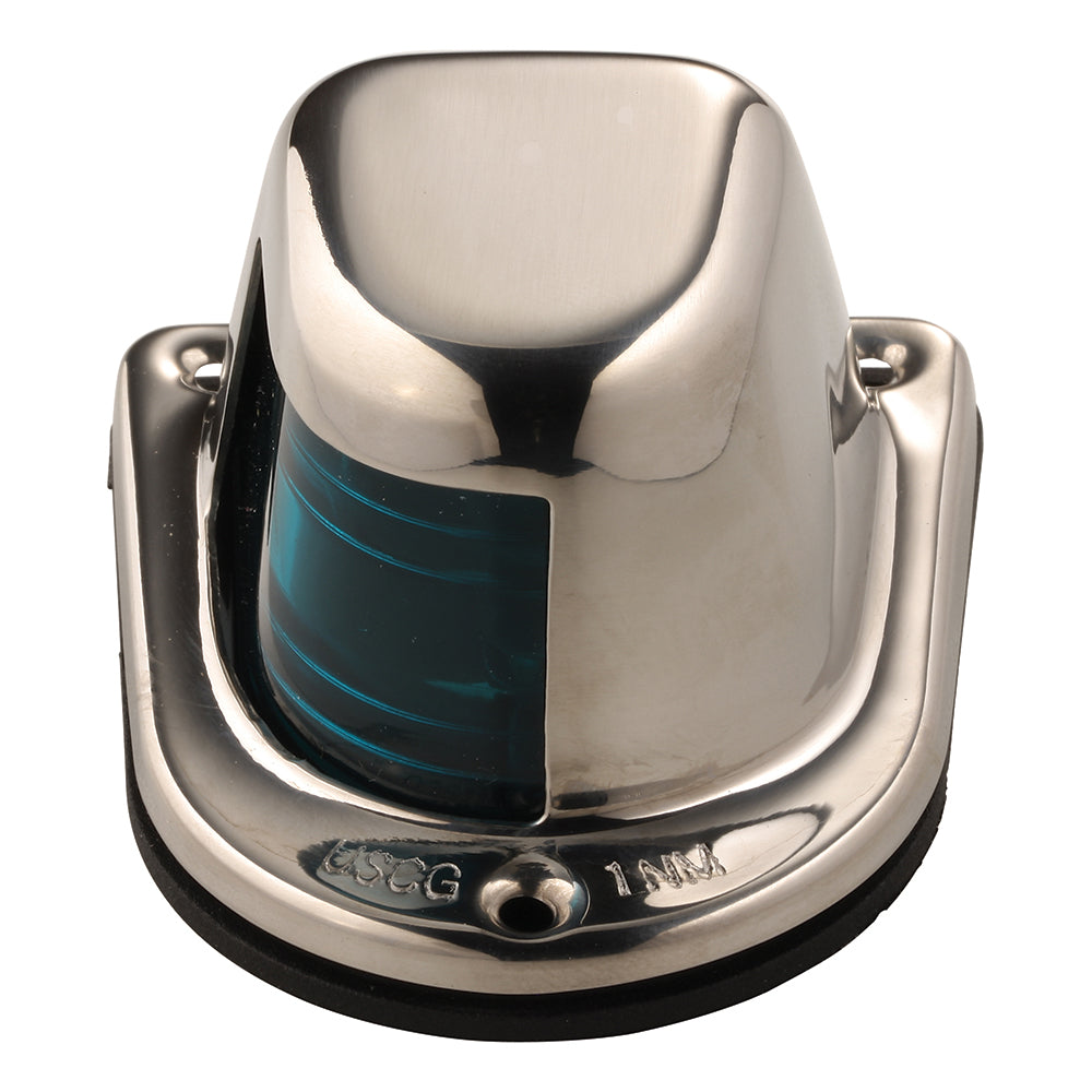 Attwood 1-Mile Green Sidelight navigation light with stainless steel housing, 12V deck mount for boats, by Wake World Parts.