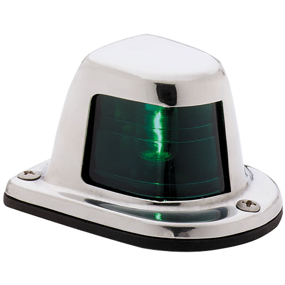 Attwood 1-Mile Green Sidelight navigation light with stainless steel housing, 12V deck mount, suitable for boat navigation.
