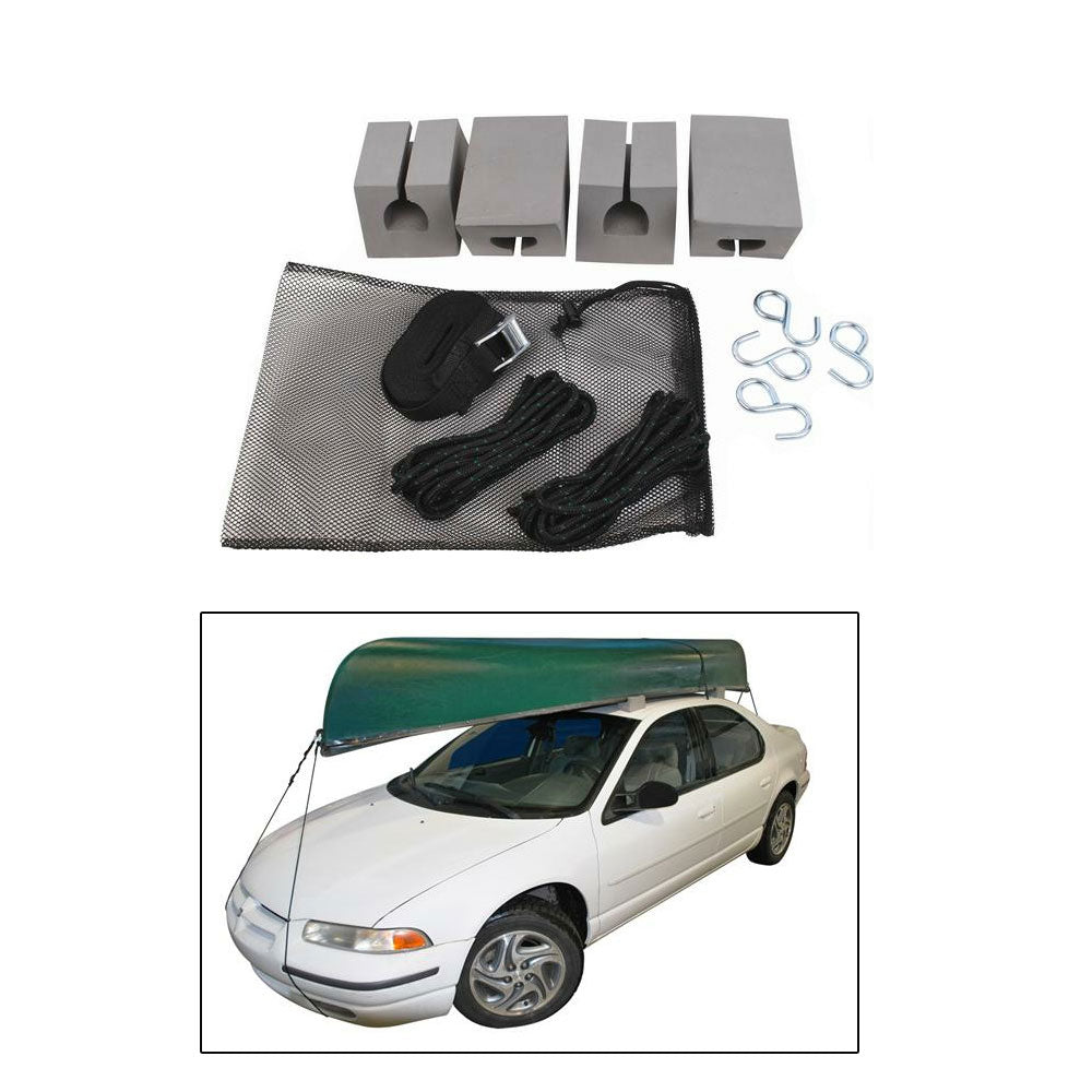 Attwood canoe car-top carrier kit on roof rack system by Wake World Parts, designed for secure watercraft transport.