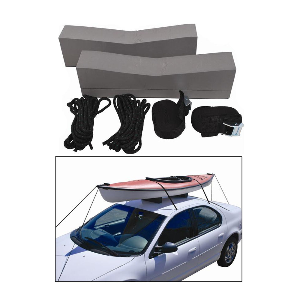 Attwood Kayak Car-Top Carrier Kit with straps and foam blocks for secure roof transport of kayaks.