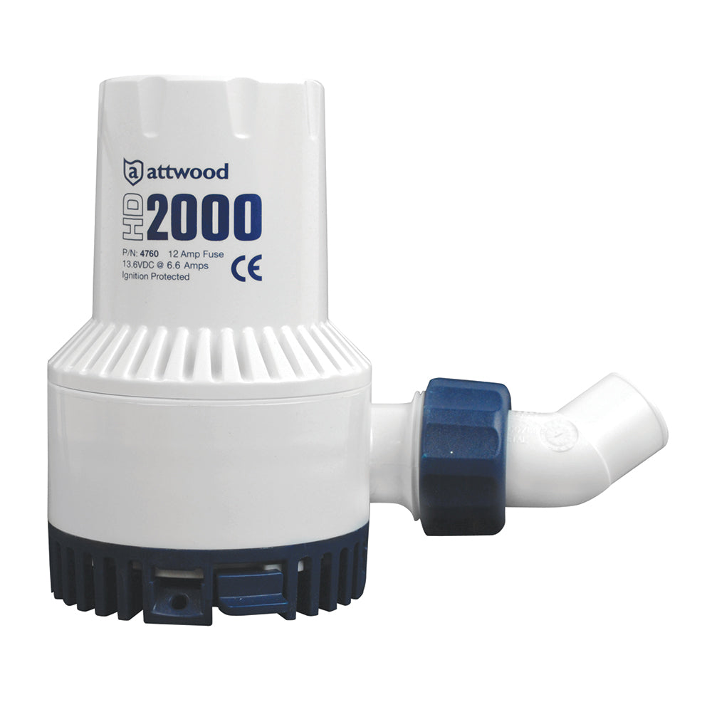 Wake World Parts Attwood 2000 Series 12V Bilge Pump, heavy-duty 2000 GPH marine bilge pump, with compact design and durable build.