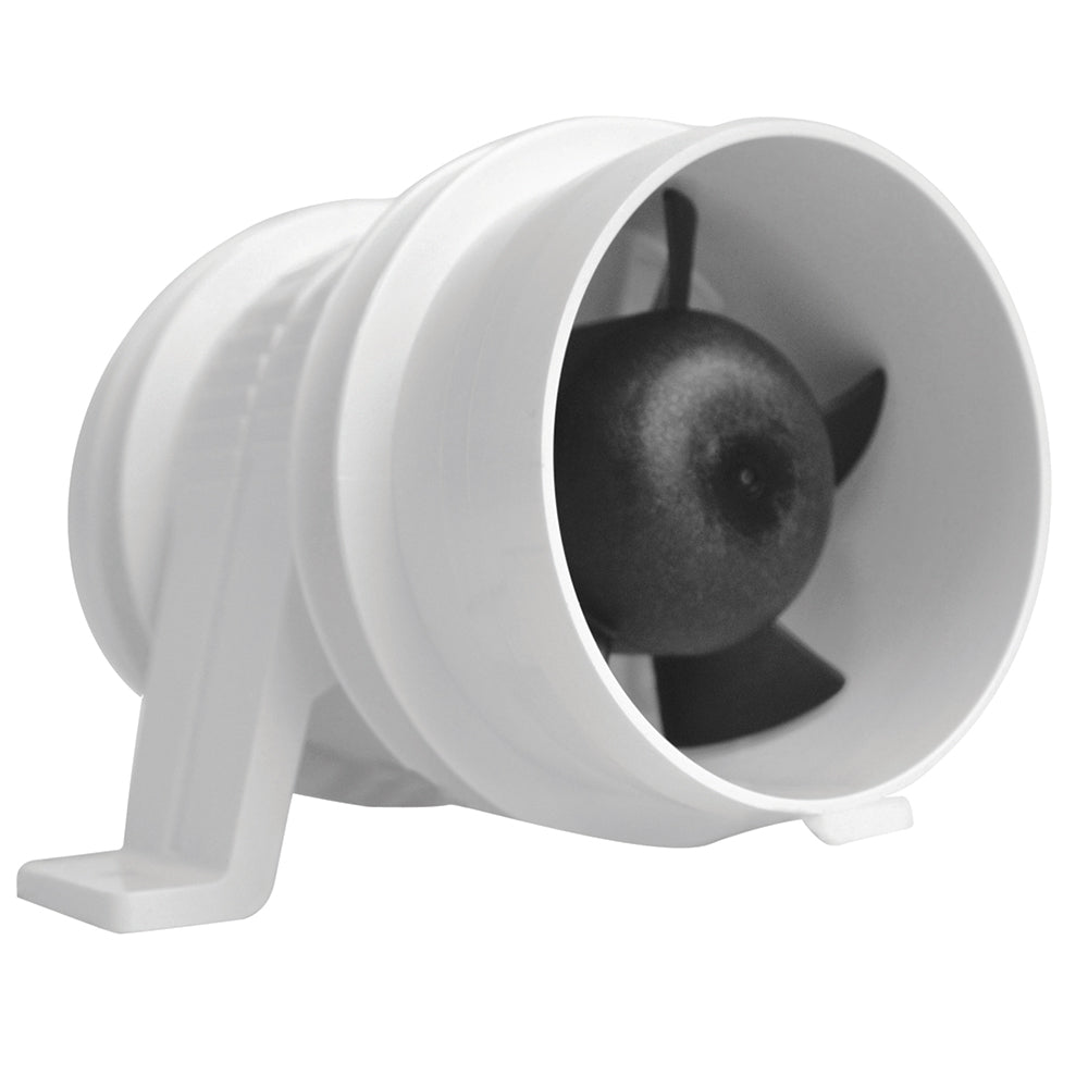 Attwood Turbo 3000 Series 12V water-resistant inline blower in white, designed for marine ventilation and cooling.