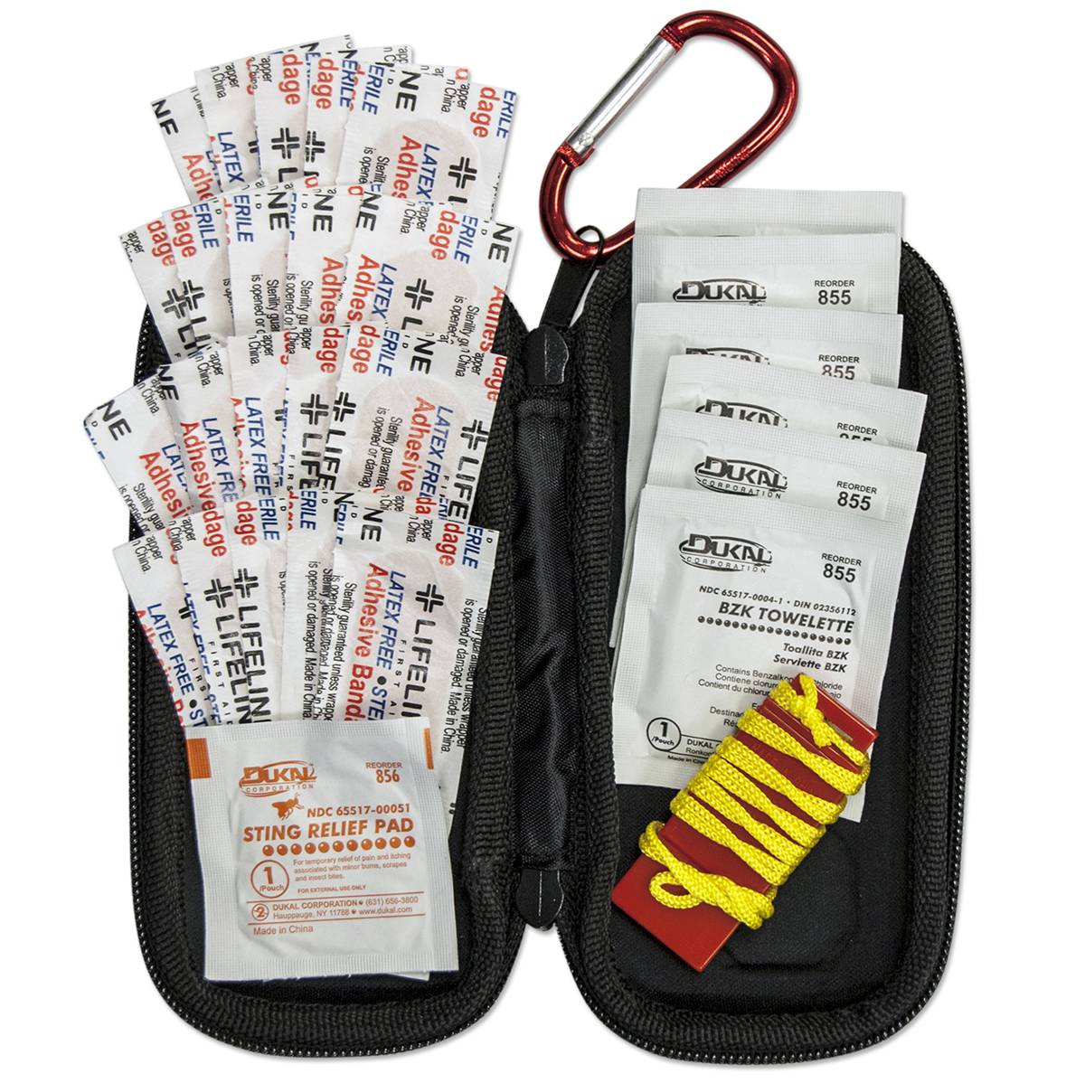 Small LifeLine First Aid Kit by quakekits.com with bandages, antiseptic wipes, and first aid essentials for basic emergencies.