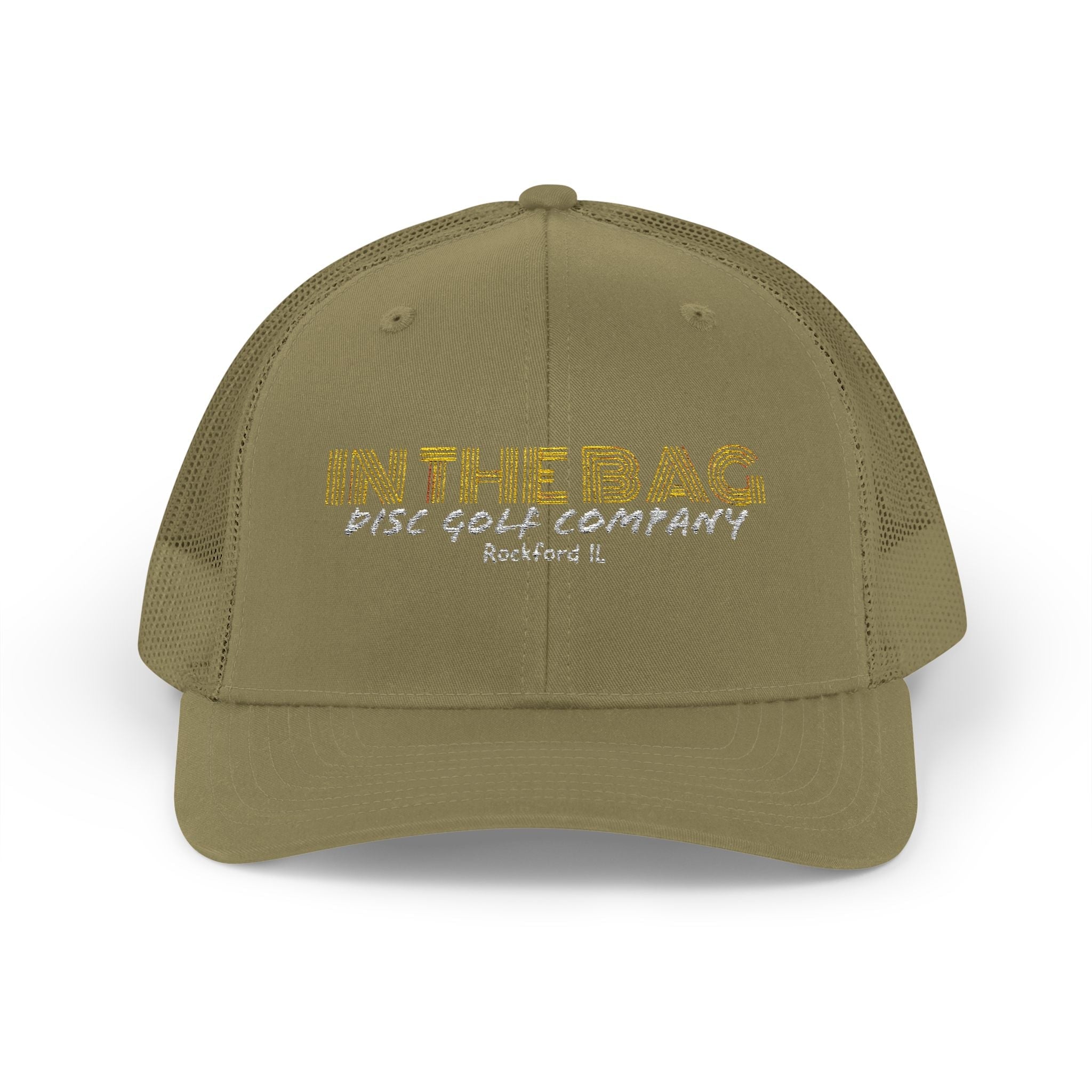 Black Trucker Cap from In The Bag Disc Golf Company with mesh back and embroidered logo, casual hat for disc golf enthusiasts.