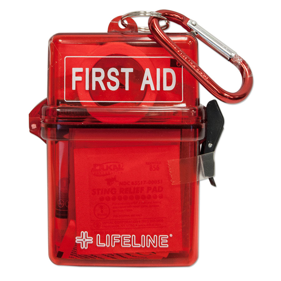 LifeLine Waterproof First Aid Kit by QuakeKits, designed for water, snow, and outdoor emergencies, with first aid supplies inside.