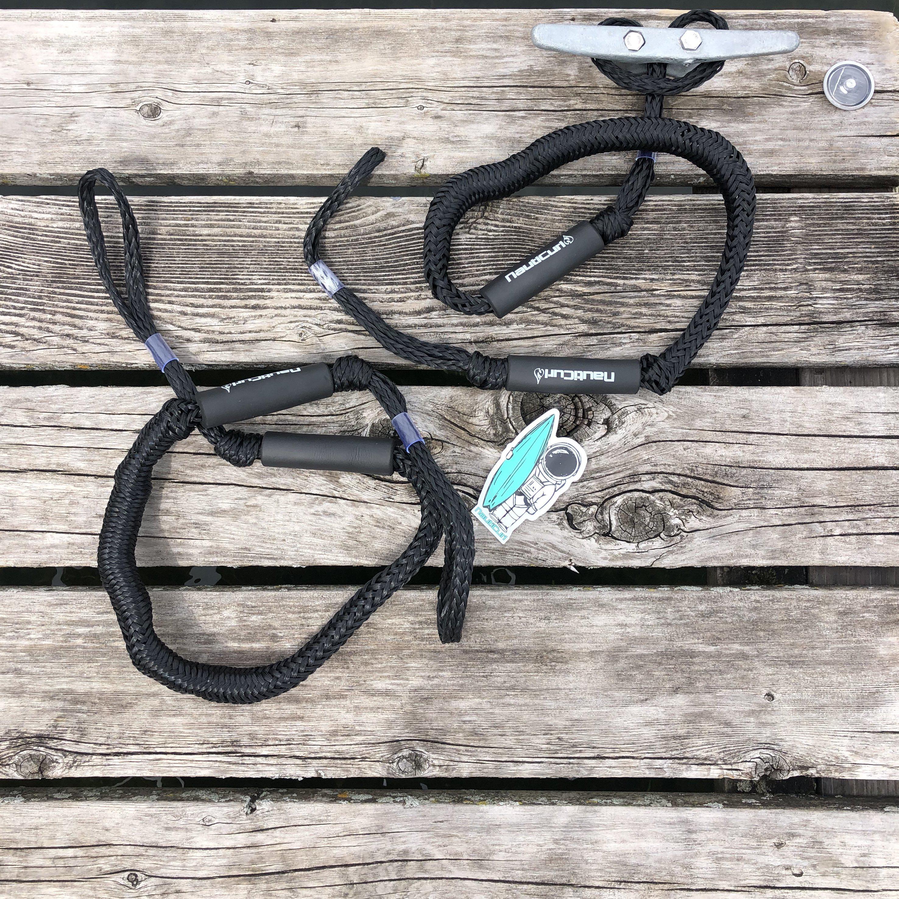 NautiCurl LLC shock-absorbing bungee boat ropes, two durable marine accessories with elastic cords for secure towing and docking.